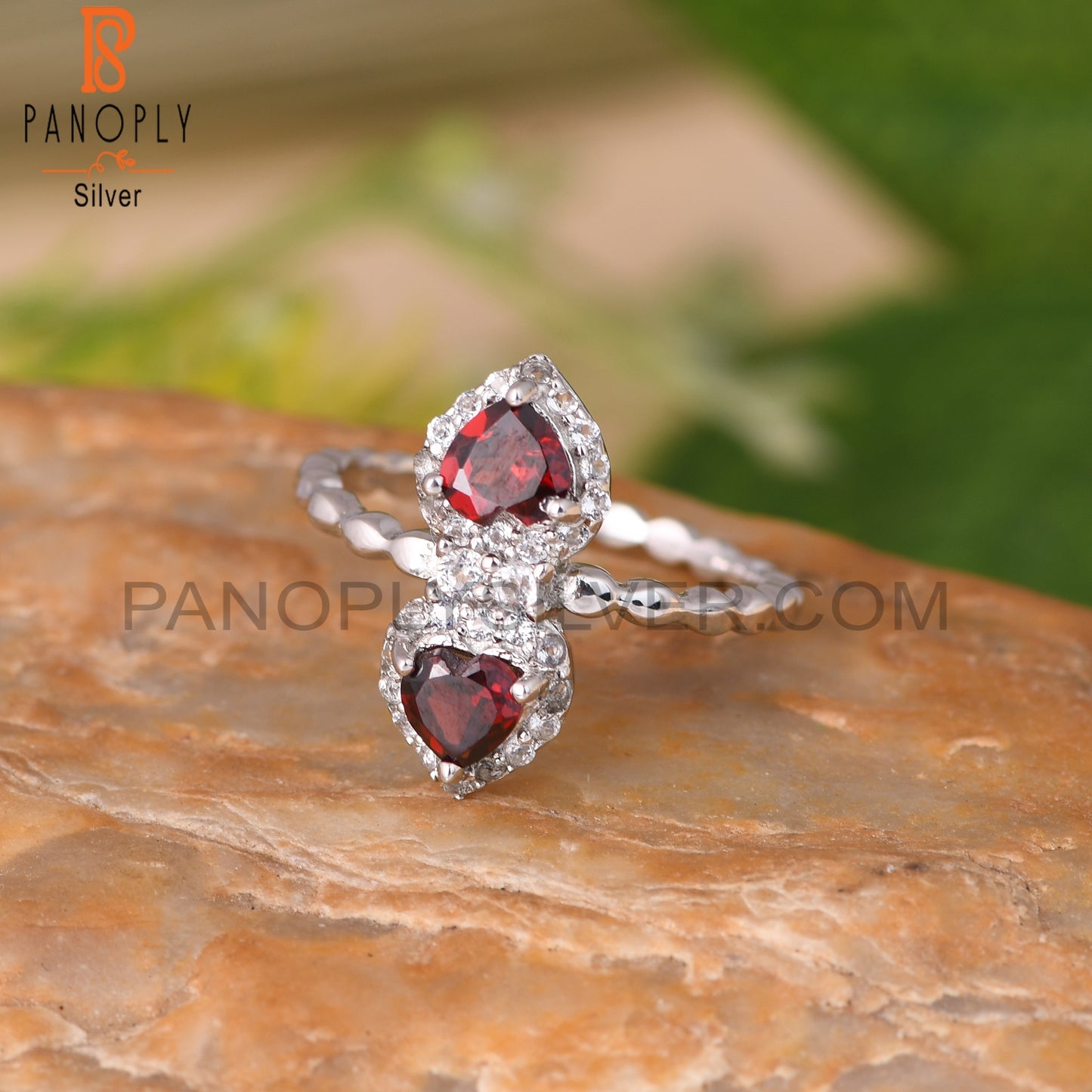Garnet & White Topaz 925 Sterling Silver Heart Ring