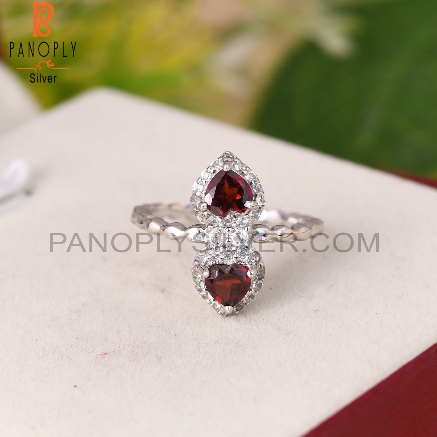Garnet & White Topaz 925 Sterling Silver Heart Ring