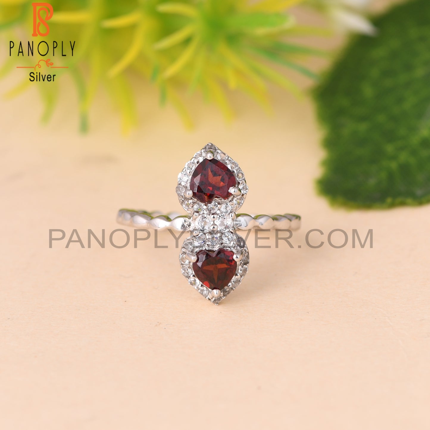 Garnet & White Topaz 925 Sterling Silver Heart Ring
