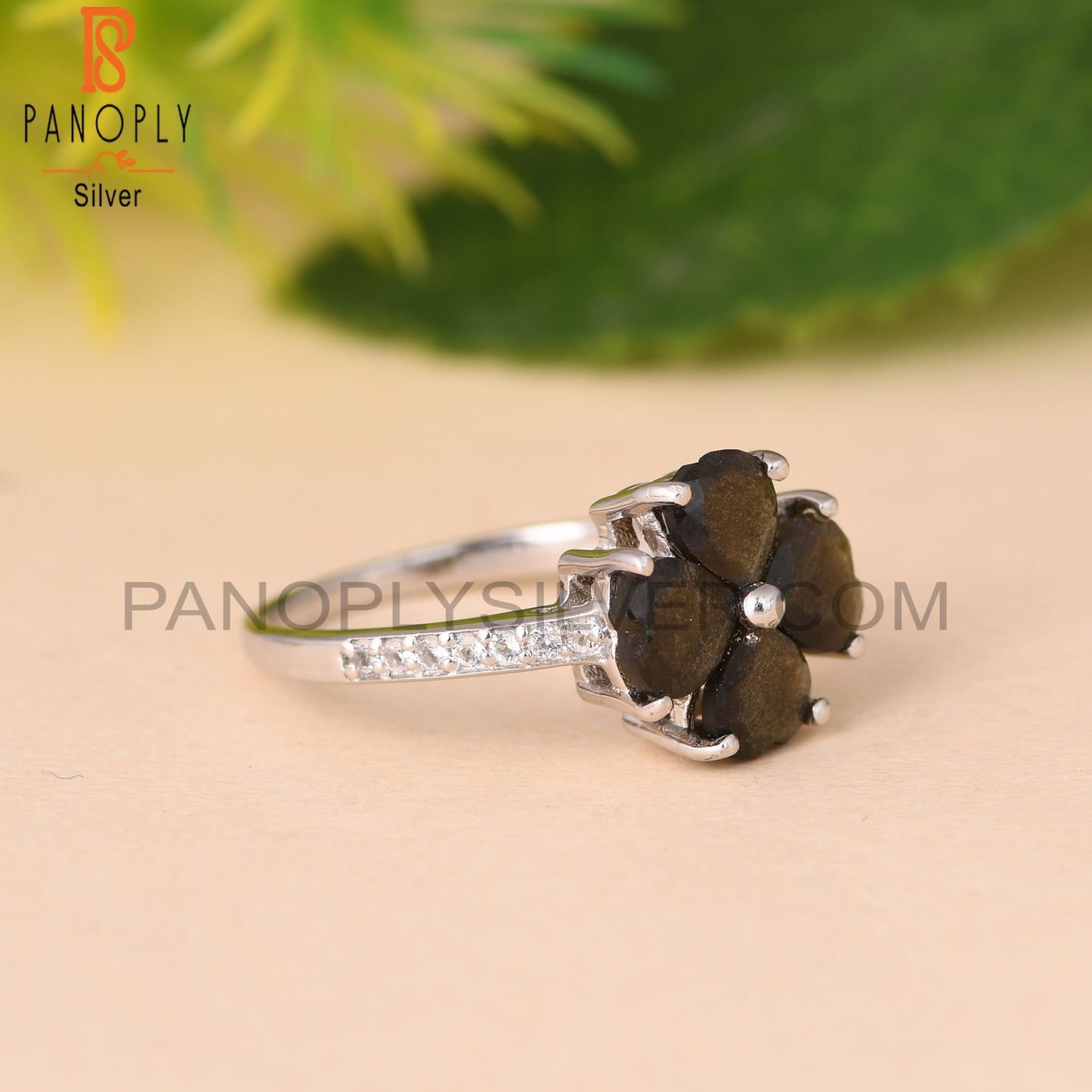 Green Sheen Obsidian, White Topaz Heart 925 Flower Ring