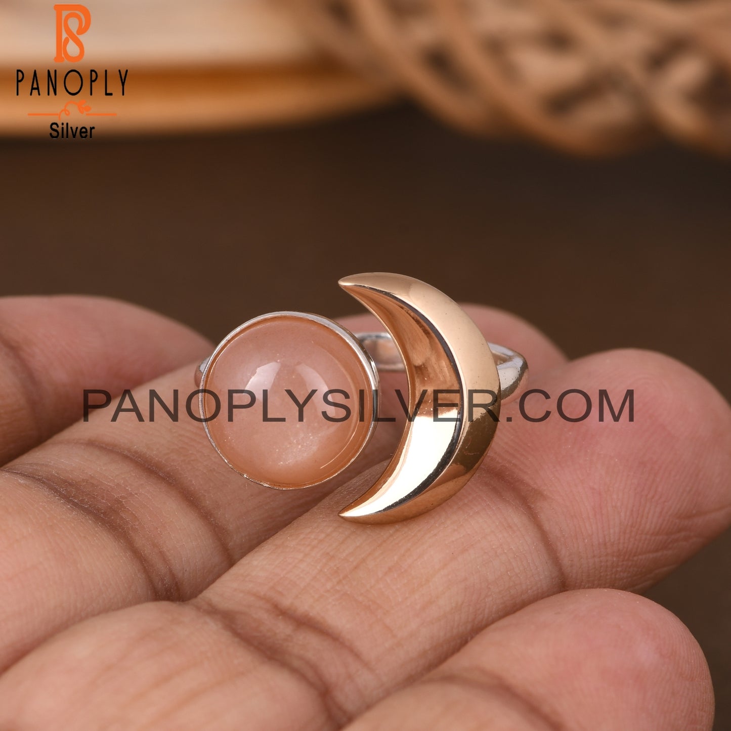 Peach Moonstone Round 925 Sterling Silver Moon Ring