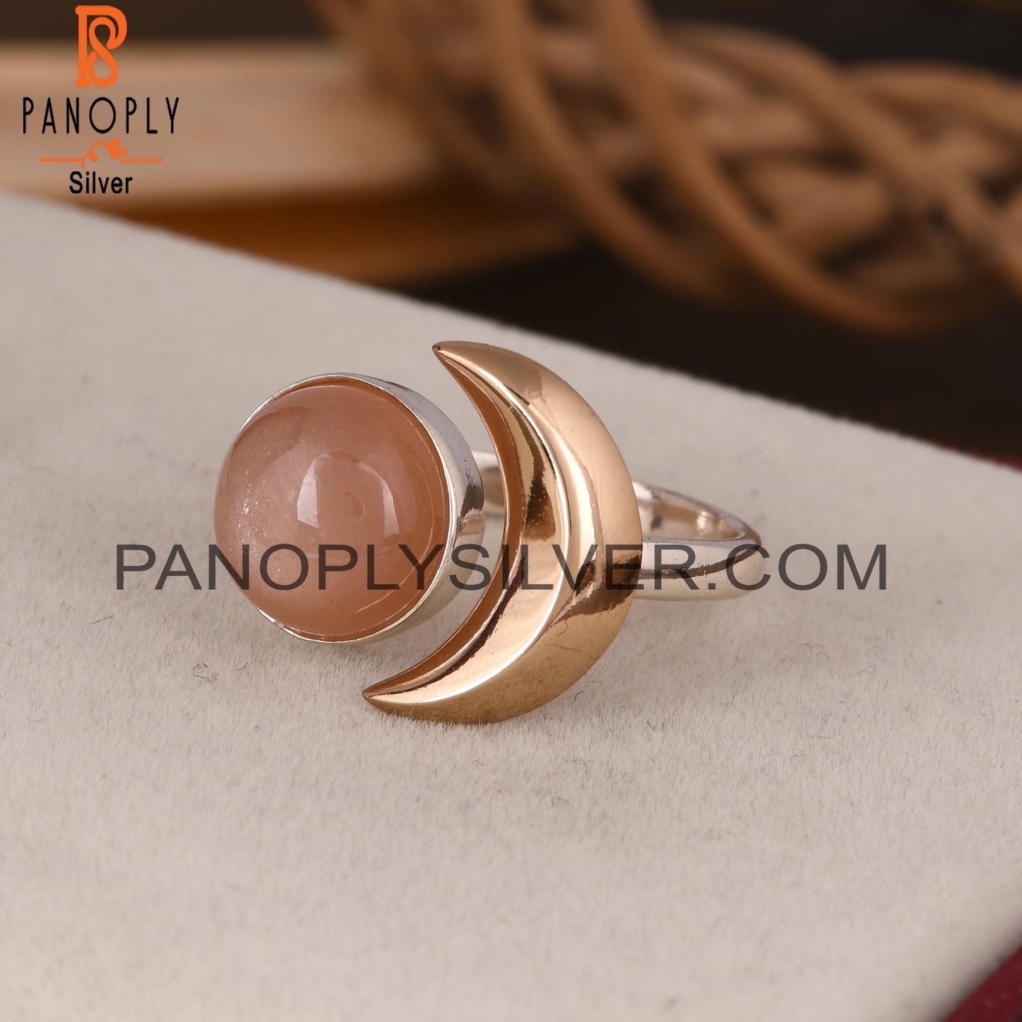 Peach Moonstone Round 925 Sterling Silver Moon Ring