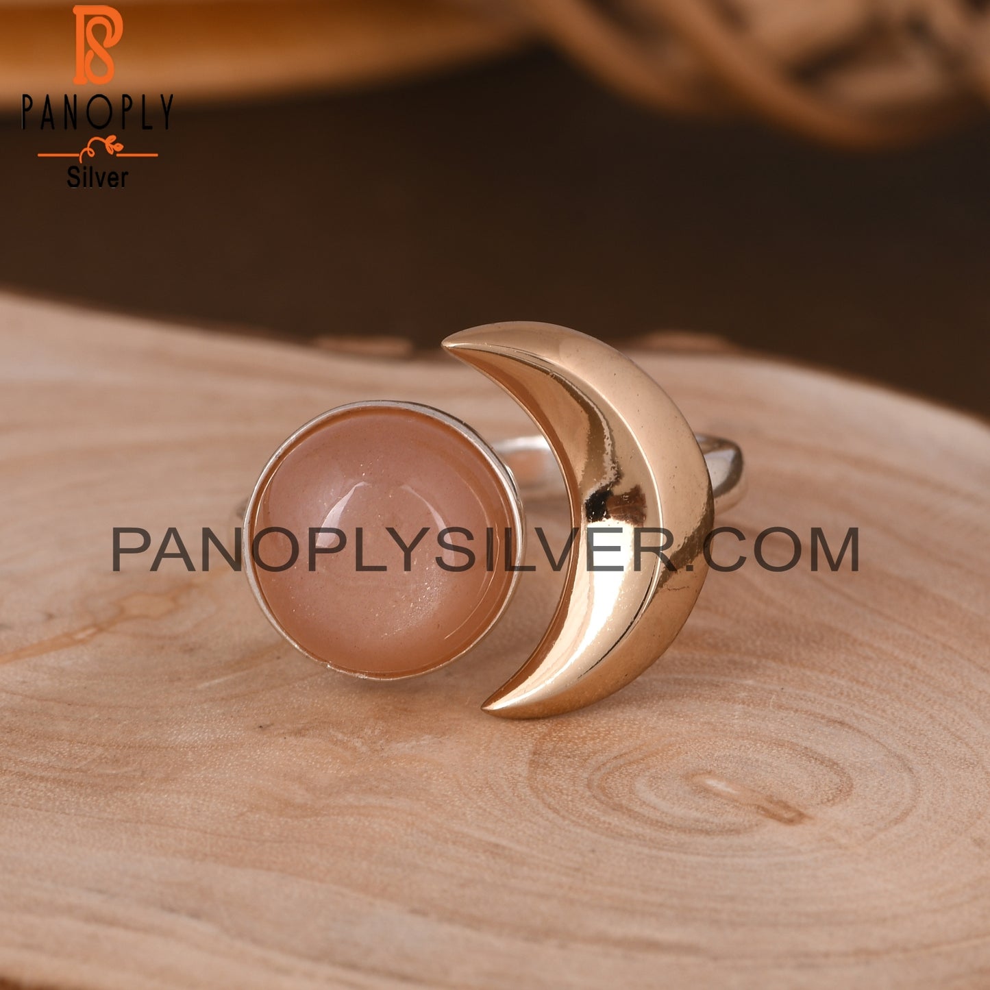 Peach Moonstone Round 925 Sterling Silver Moon Ring
