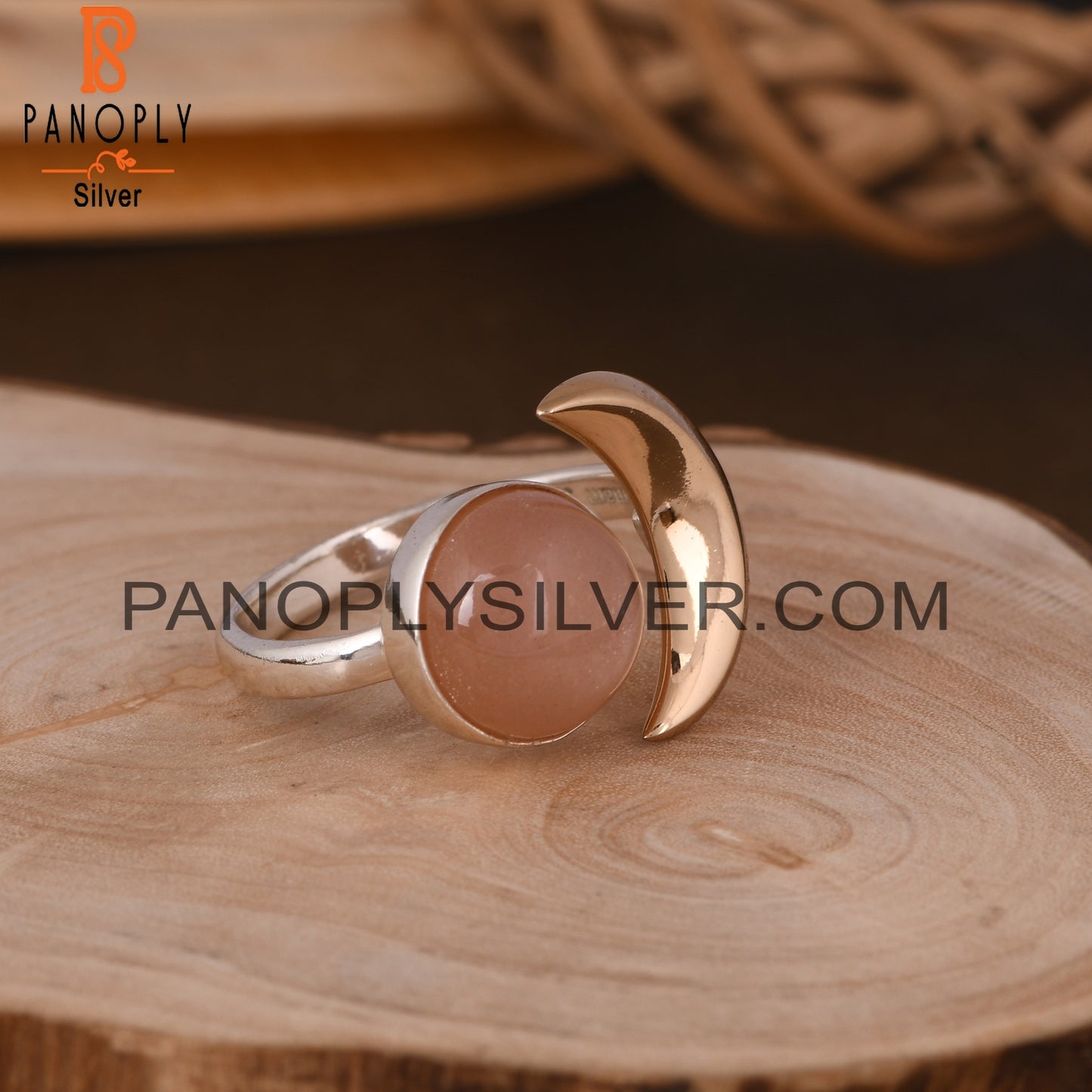 Peach Moonstone Round 925 Sterling Silver Moon Ring