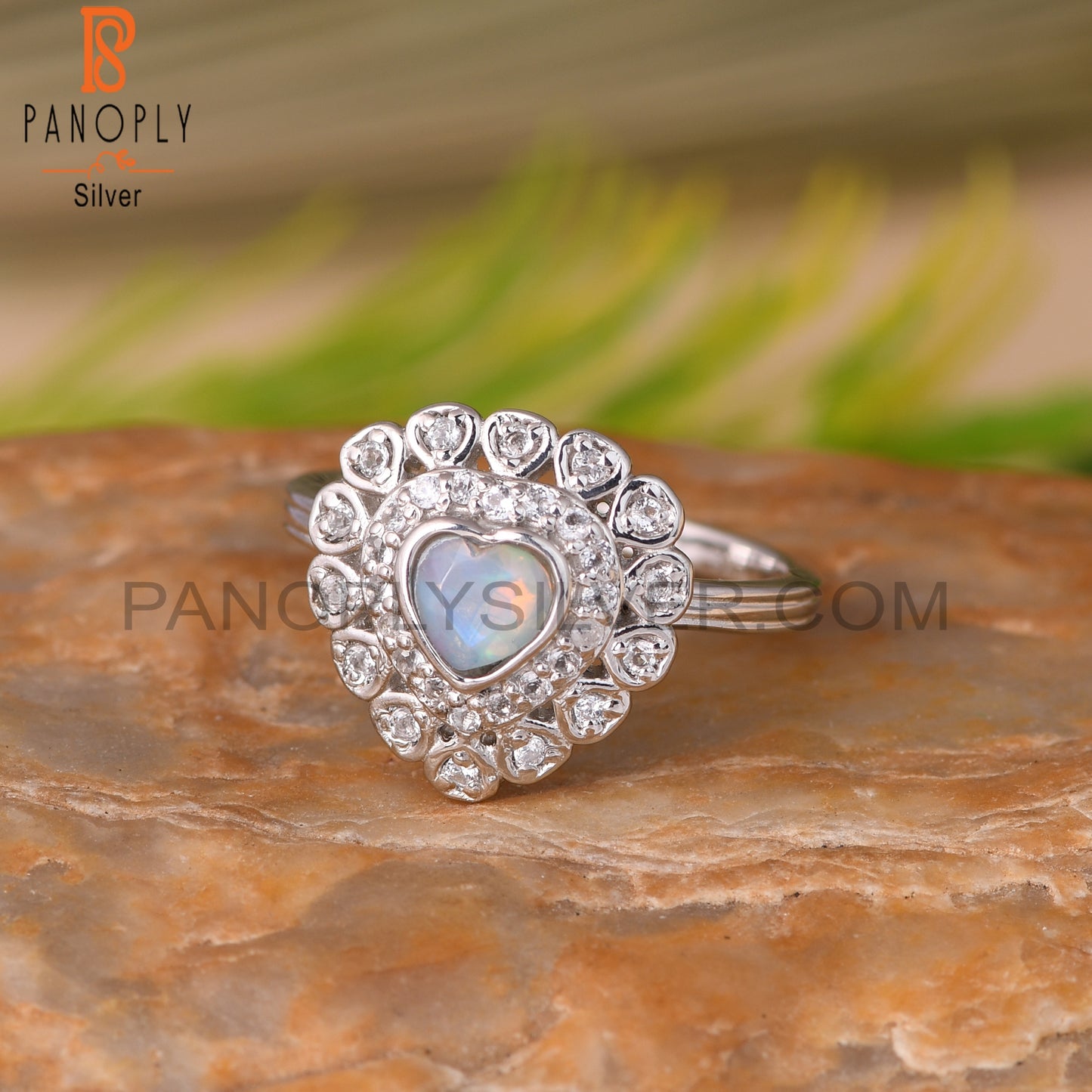 Ethiopian Opal & White Topaz Heart 925 Sterling Silver Ring