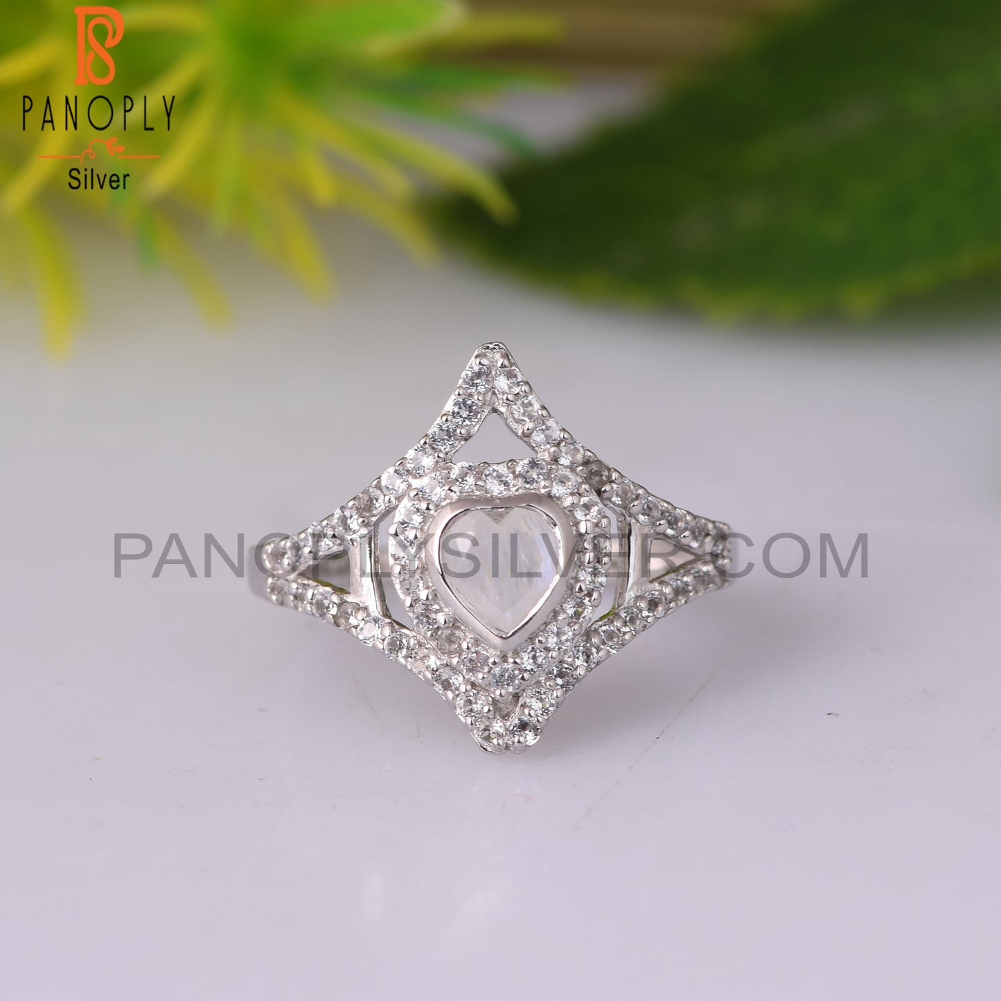 Rainbow Moonstone & White Topaz Heart 925 Sterling Silver Ring