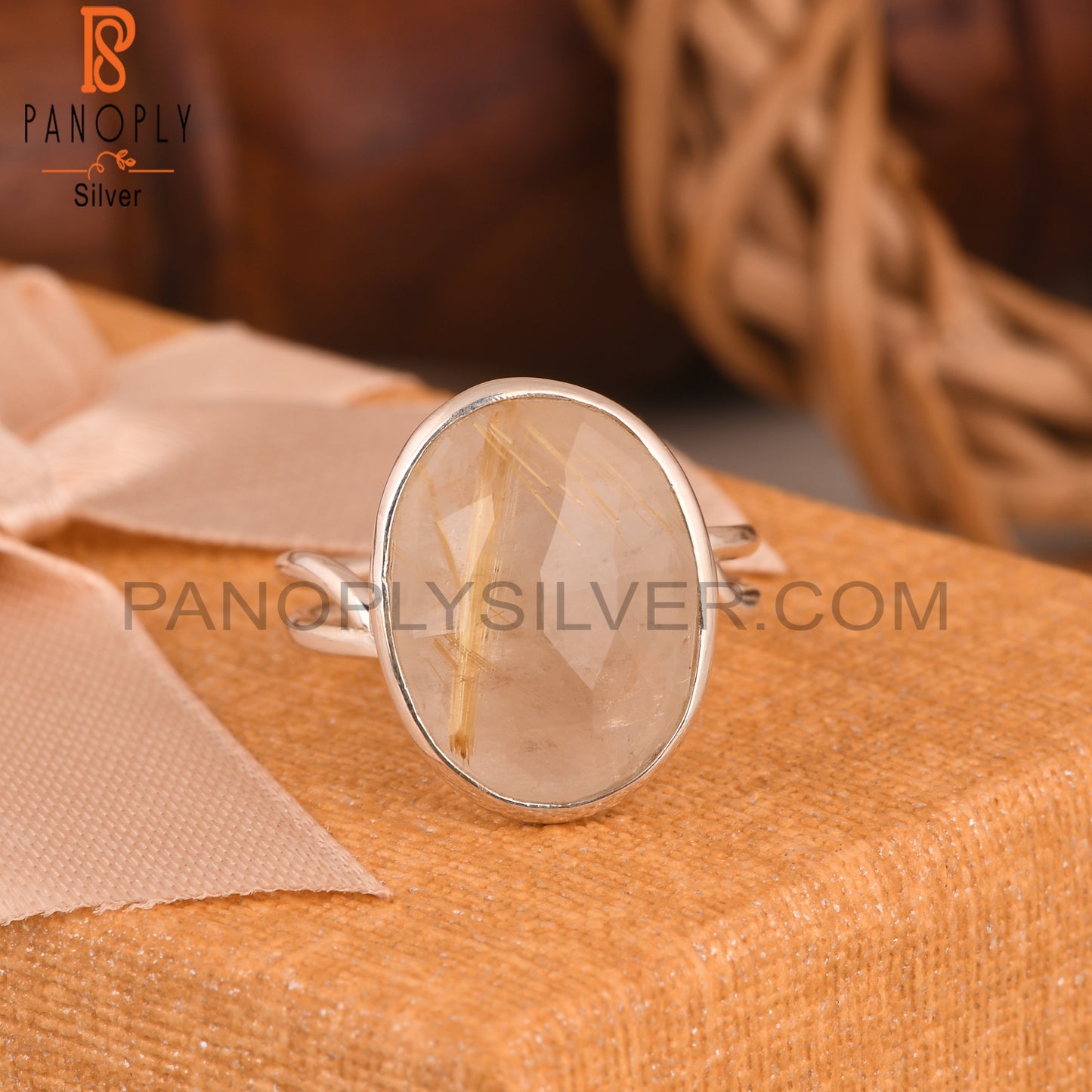 Golden Rutile Oval 925 Sterling Silver Band Ring