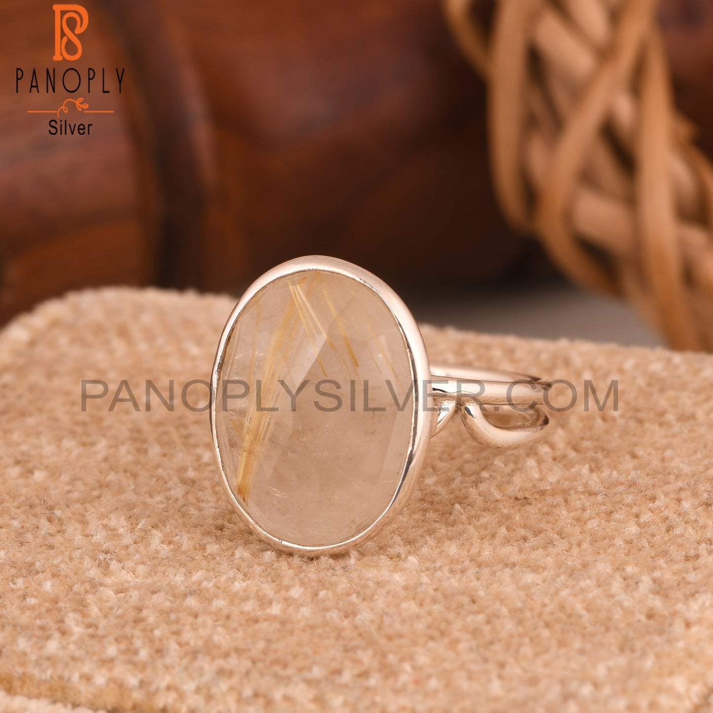 Golden Rutile Oval 925 Sterling Silver Band Ring
