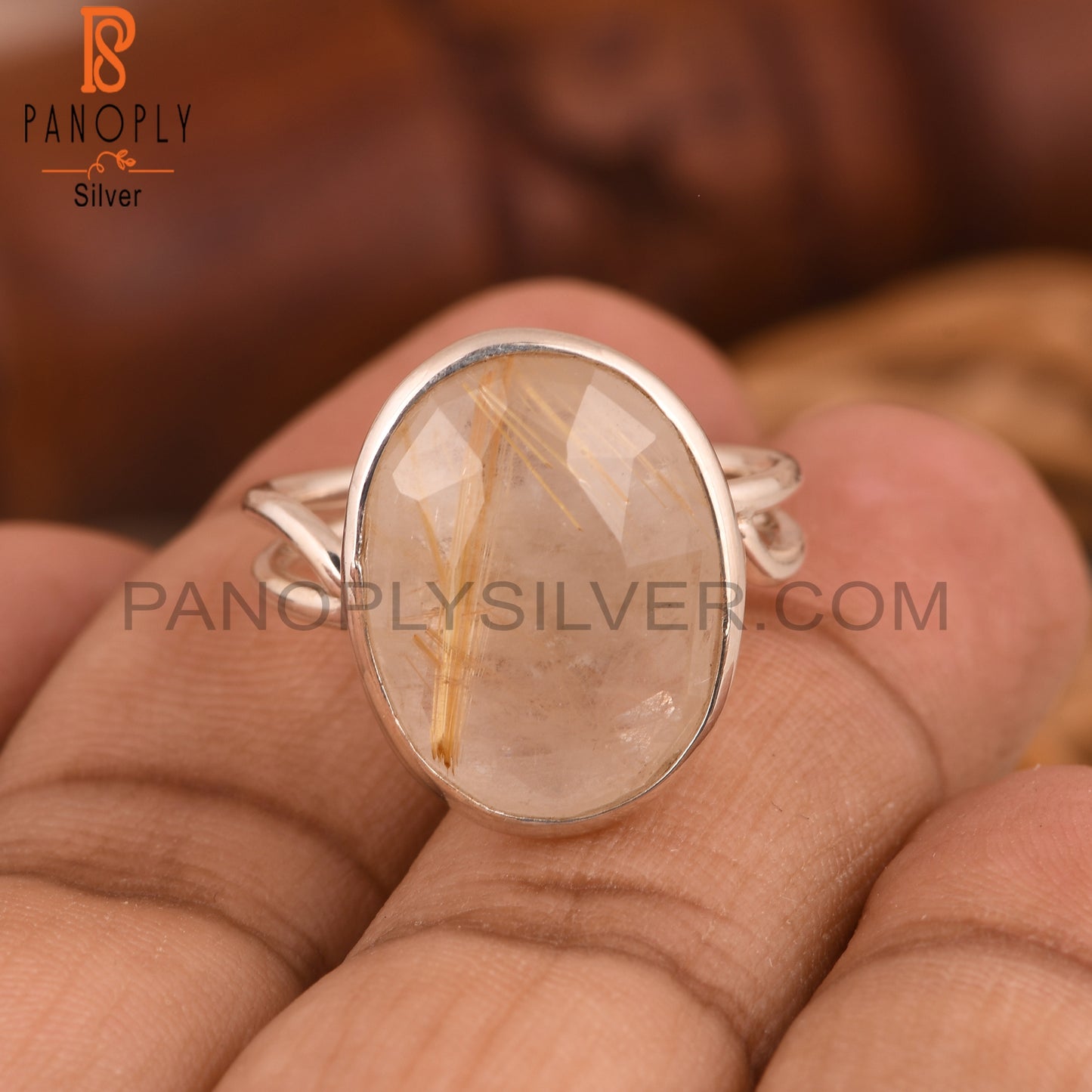 Golden Rutile Oval 925 Sterling Silver Band Ring