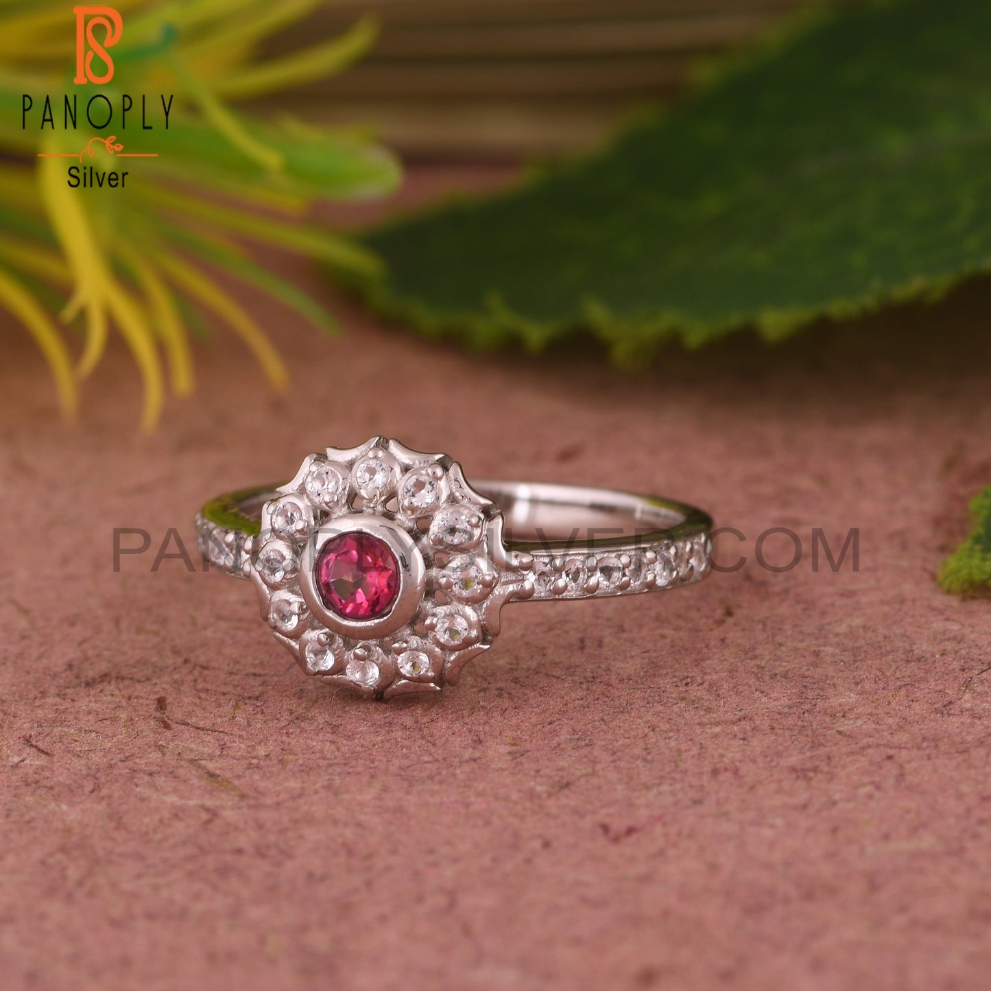 Pink Topaz & White Topaz Round 925 Sterling Silver Ring