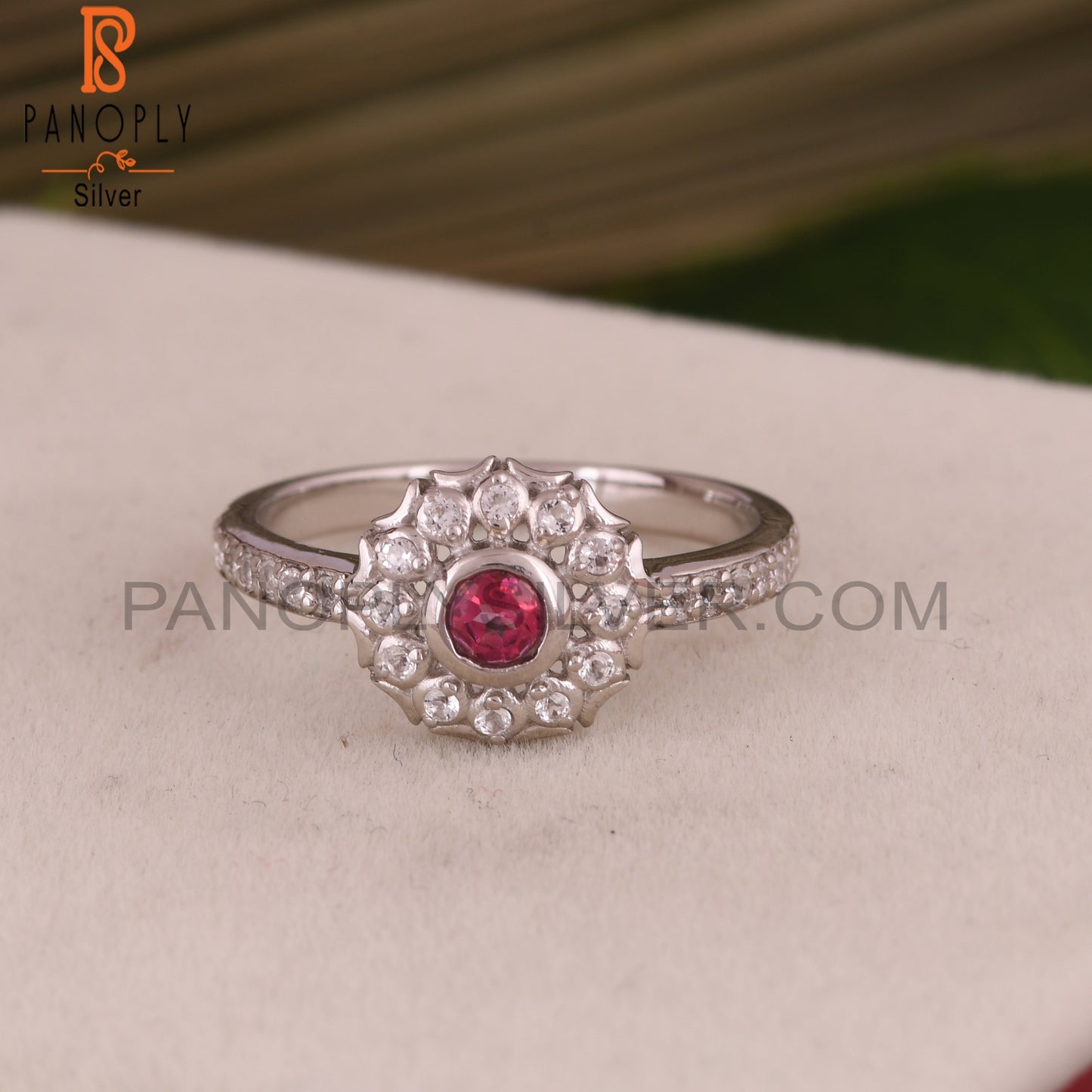 Pink Topaz & White Topaz Round 925 Sterling Silver Ring