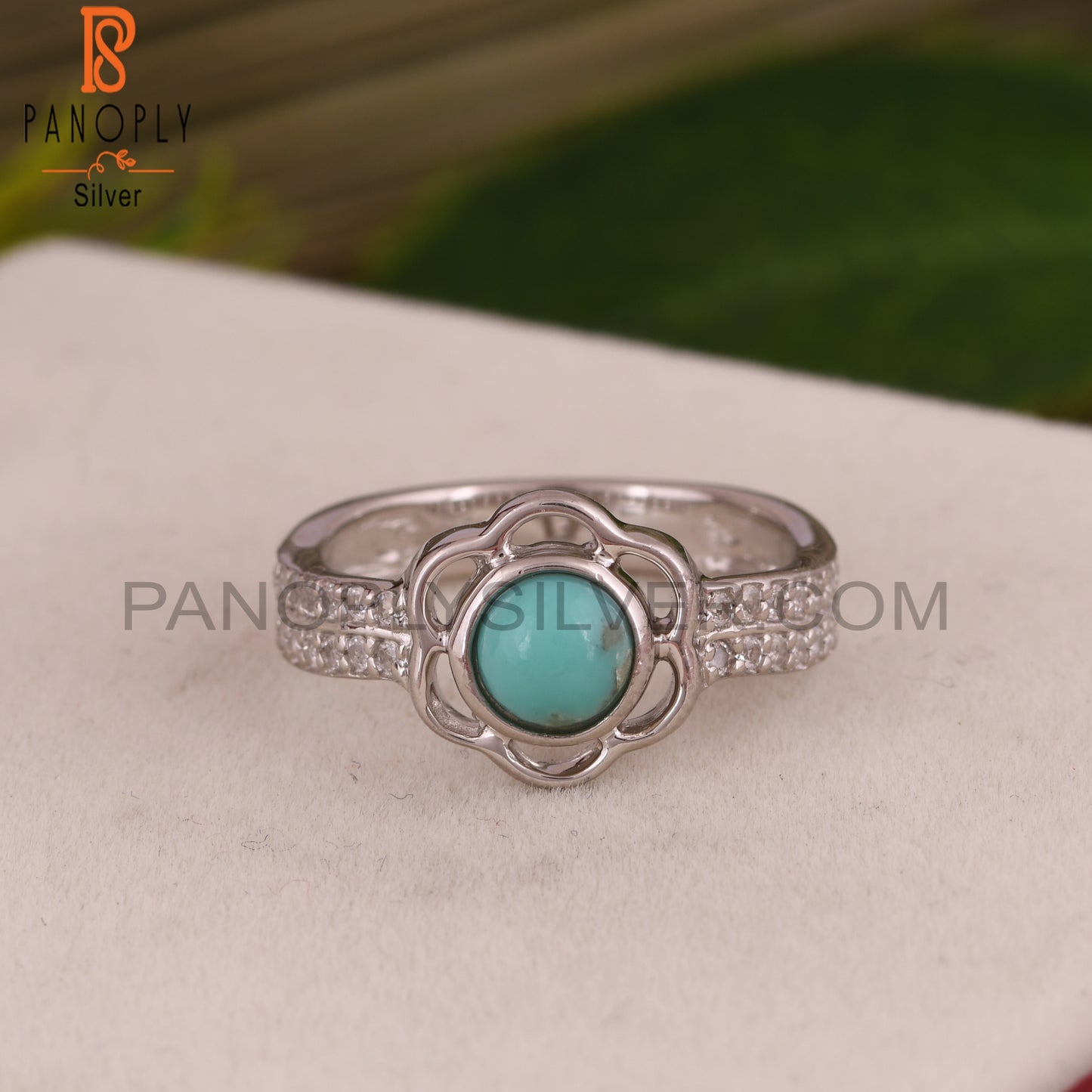 Arizona Turquoise, White Topaz Flower 925 Sterling Silver Ring