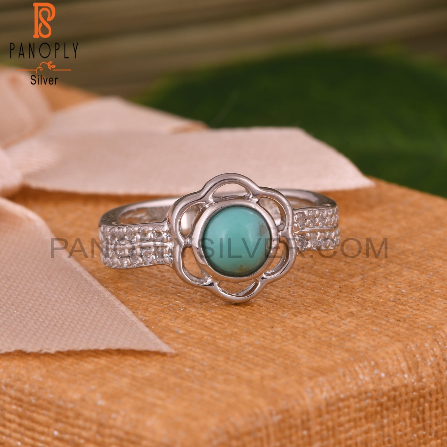 Arizona Turquoise, White Topaz Flower 925 Sterling Silver Ring