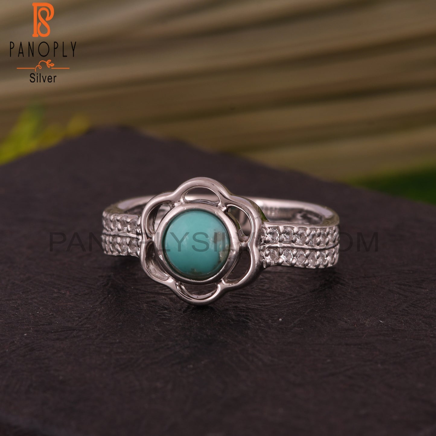 Arizona Turquoise, White Topaz Flower 925 Sterling Silver Ring