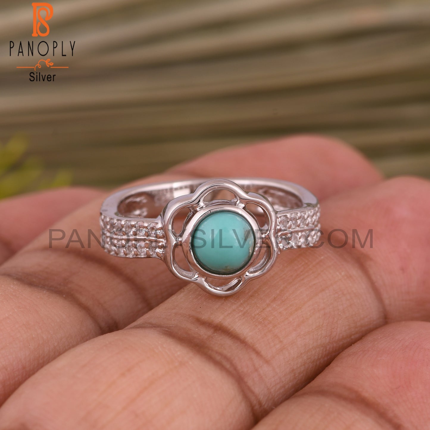 Arizona Turquoise, White Topaz Flower 925 Sterling Silver Ring