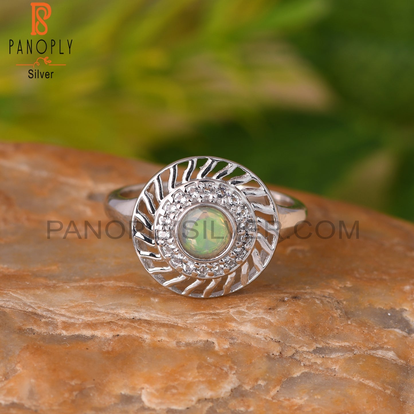 Ethiopian Opal & White Topaz Round 925 Sterling Silver Ring