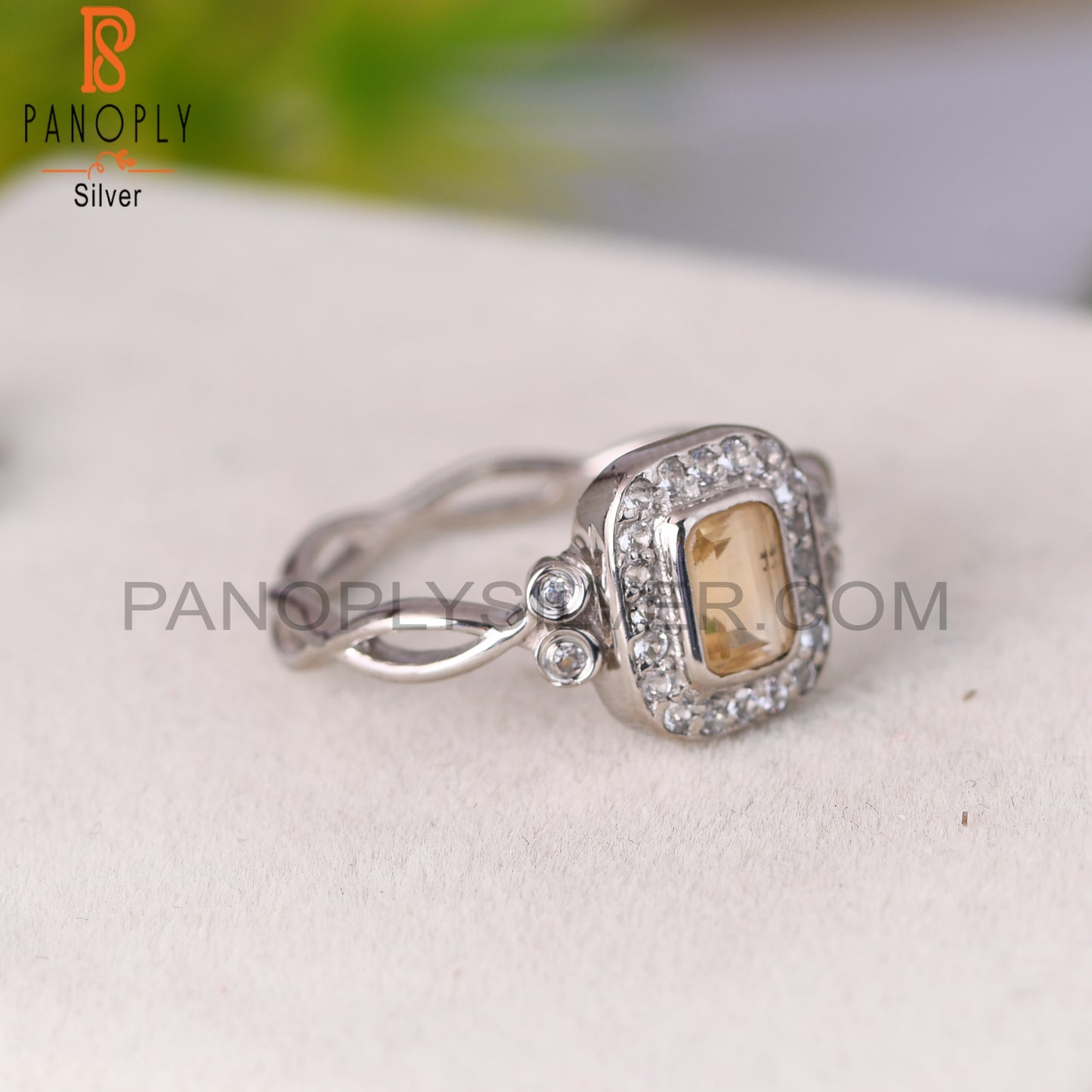 Citrine & White Topaz 925 Sterling Silver Twist Ring