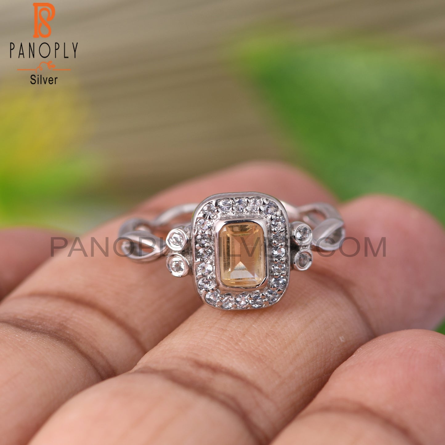 Citrine & White Topaz 925 Sterling Silver Twist Ring