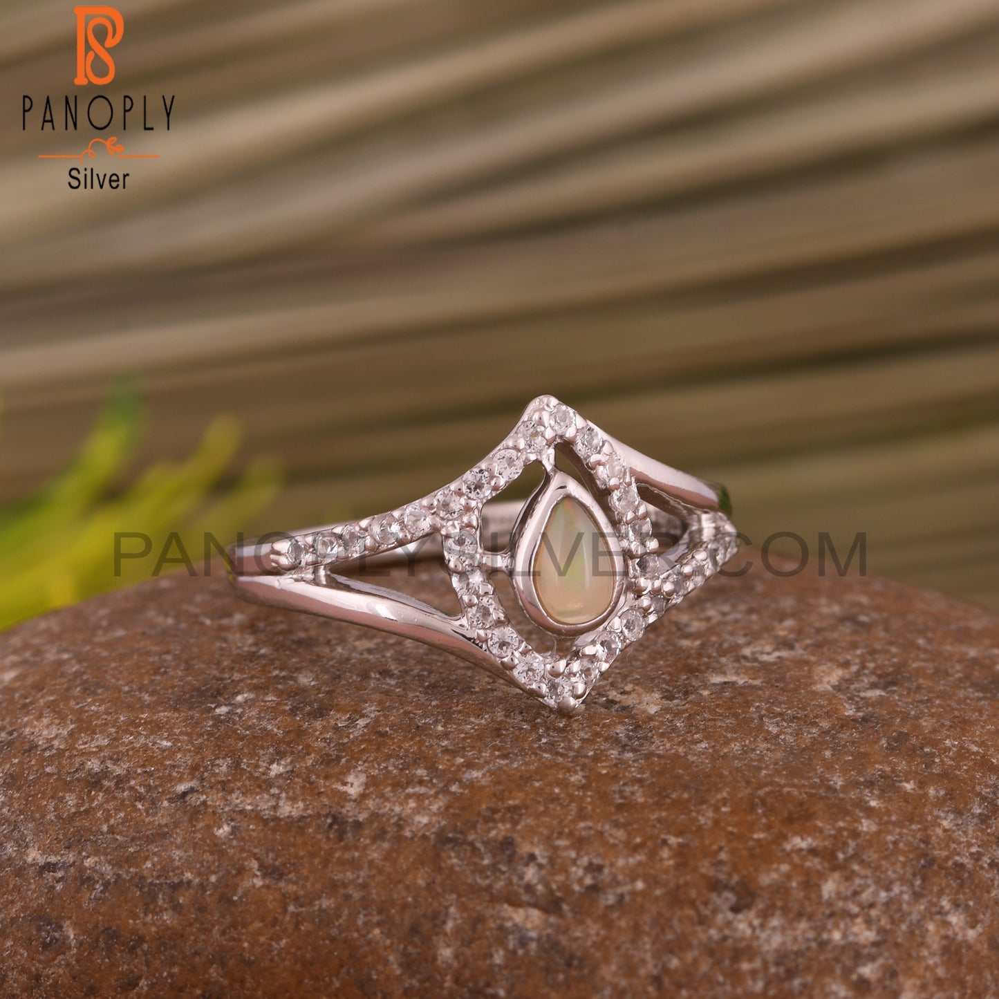 Ethiopian Opal & White Topaz 925 Sterling Silver Pear Ring