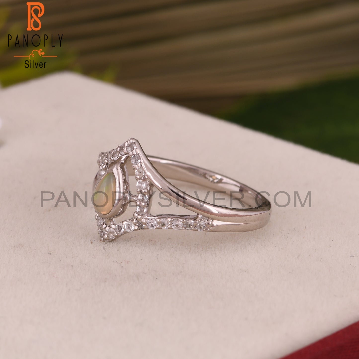 Ethiopian Opal & White Topaz 925 Sterling Silver Pear Ring
