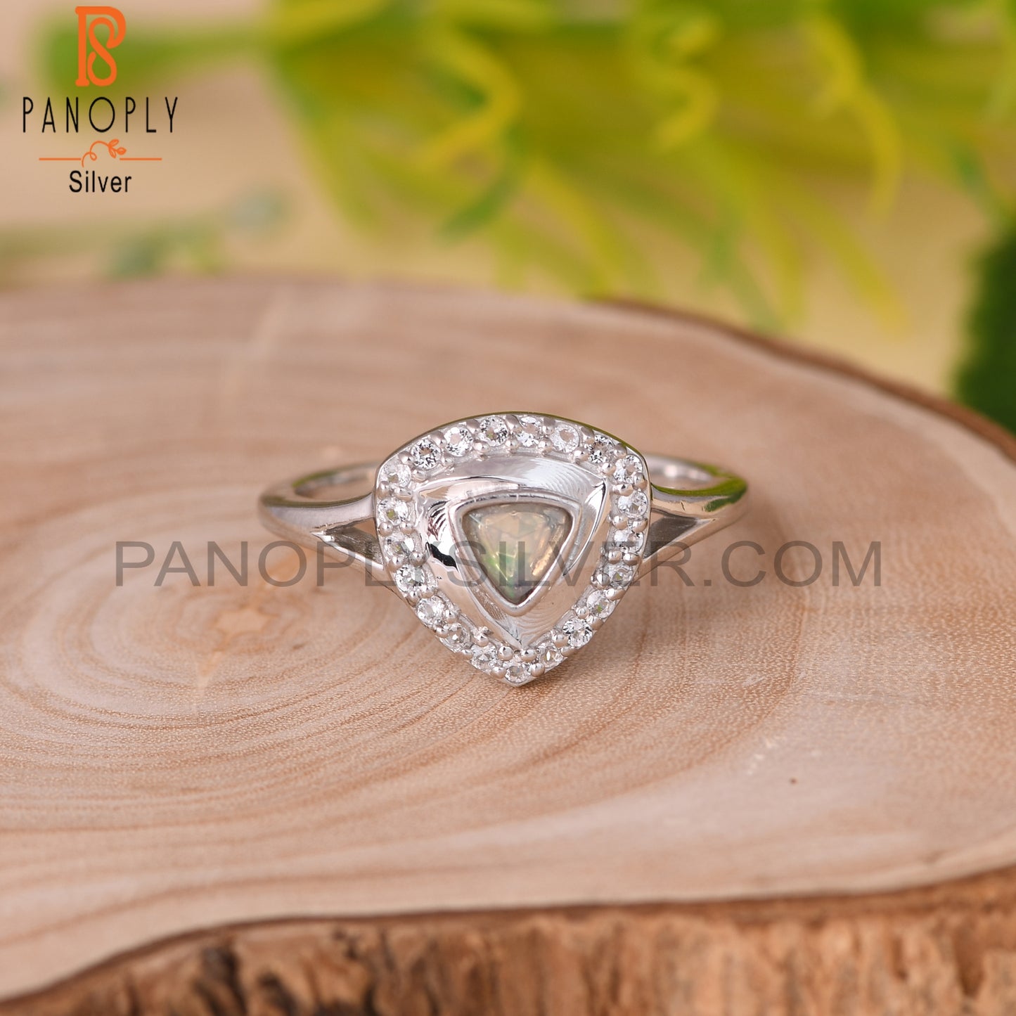 White Topaz & Ethiopian Opal 925 Sterling Silver Triangle Ring