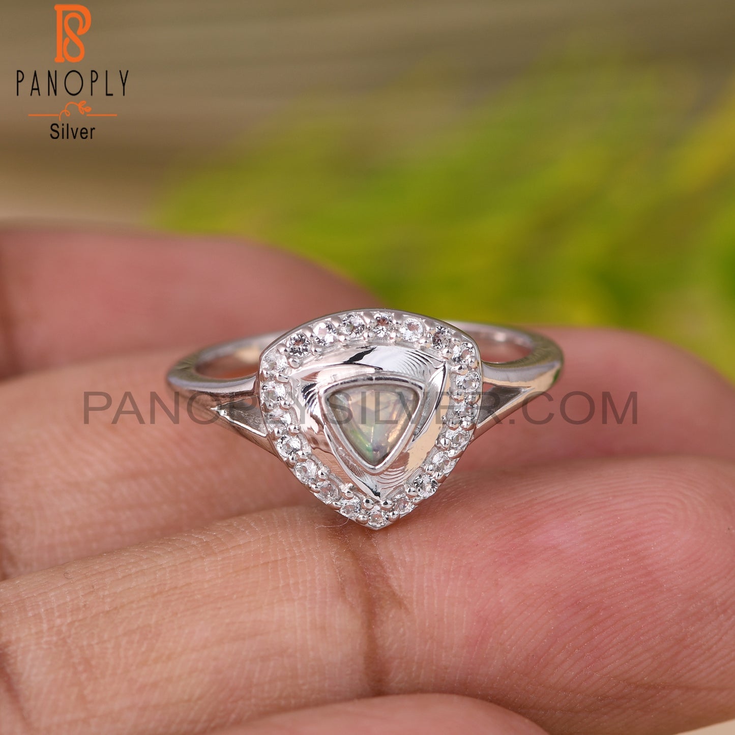 White Topaz & Ethiopian Opal 925 Sterling Silver Triangle Ring
