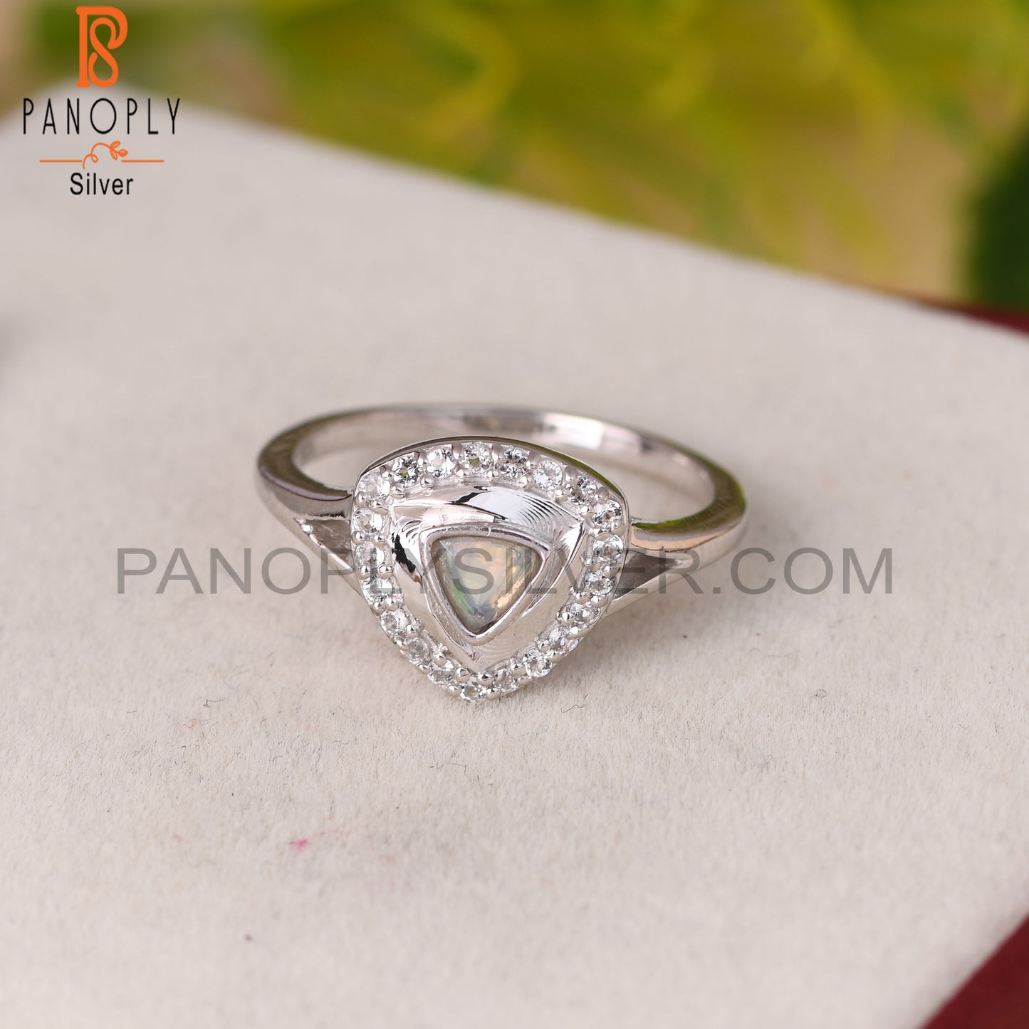 White Topaz & Ethiopian Opal 925 Sterling Silver Triangle Ring