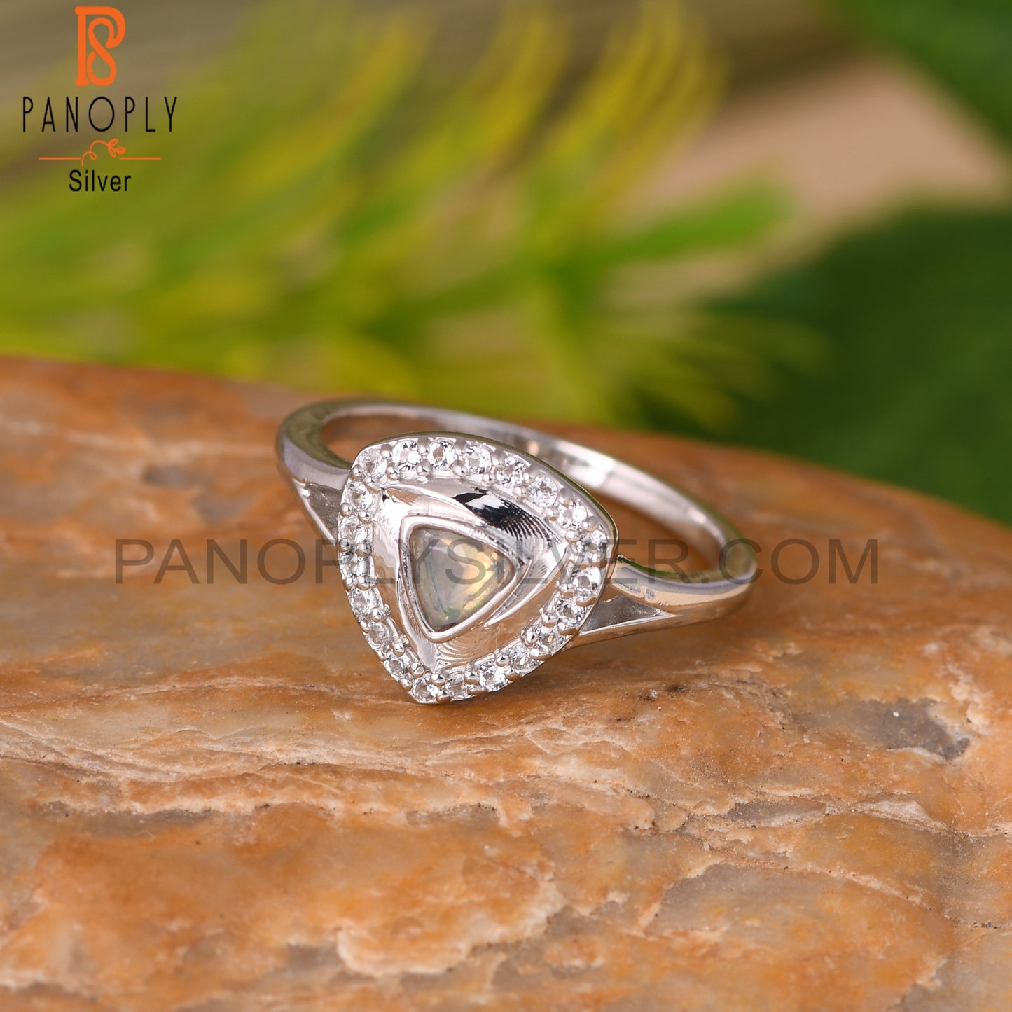 White Topaz & Ethiopian Opal 925 Sterling Silver Triangle Ring
