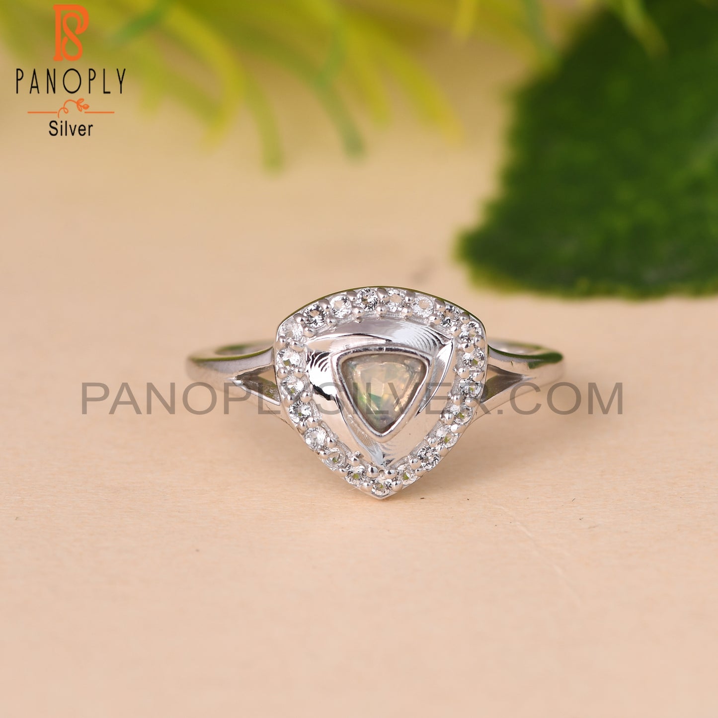 White Topaz & Ethiopian Opal 925 Sterling Silver Triangle Ring