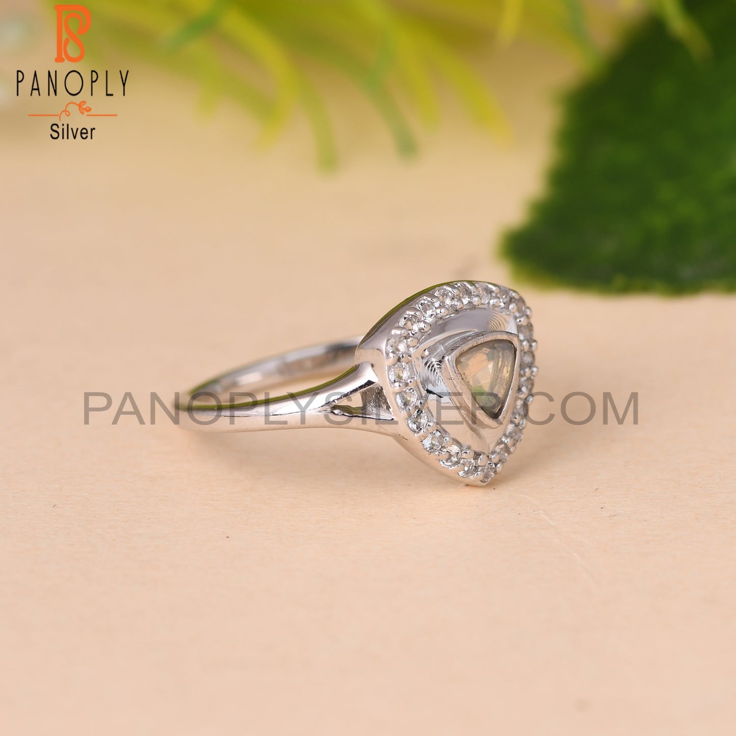 White Topaz & Ethiopian Opal 925 Sterling Silver Triangle Ring