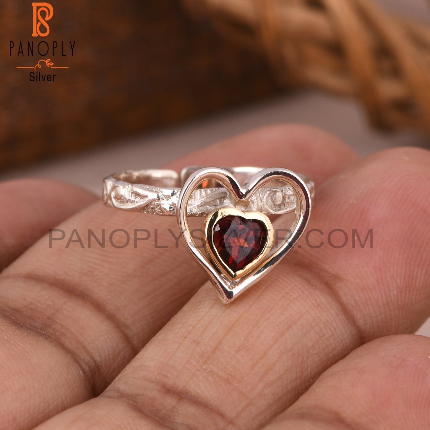 Garnet Double Heart Shape 925 Sterling Silver Ring