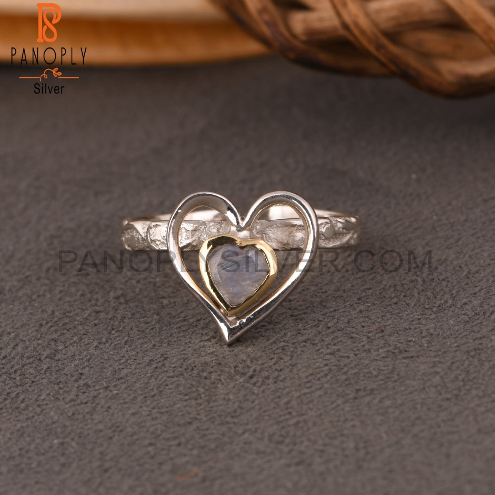 Rainbow Moonstone Two Tone Heart 925 Sterling Silver Ring