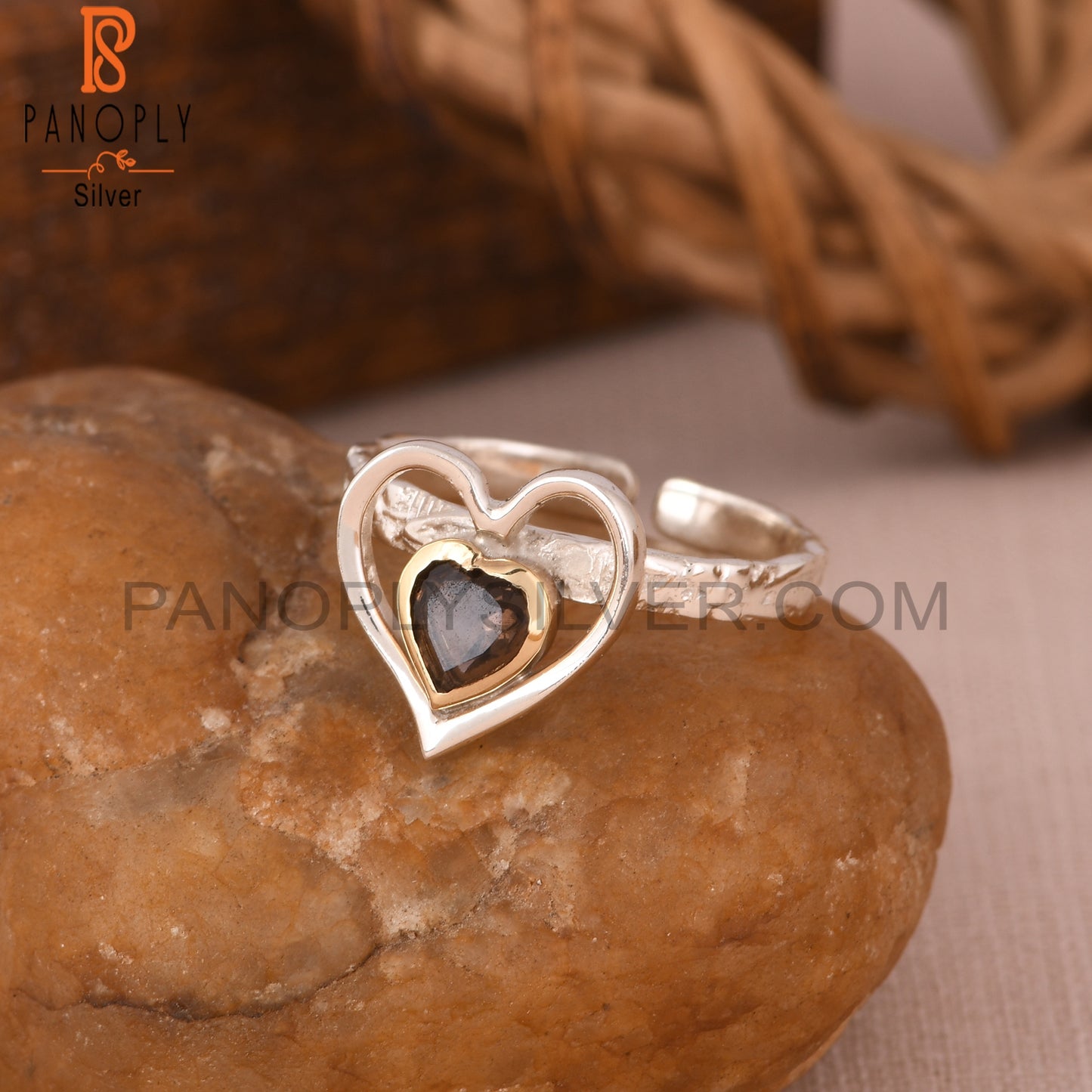 Smoky Two Tone Heart Shape 925 Sterling Silver Ring