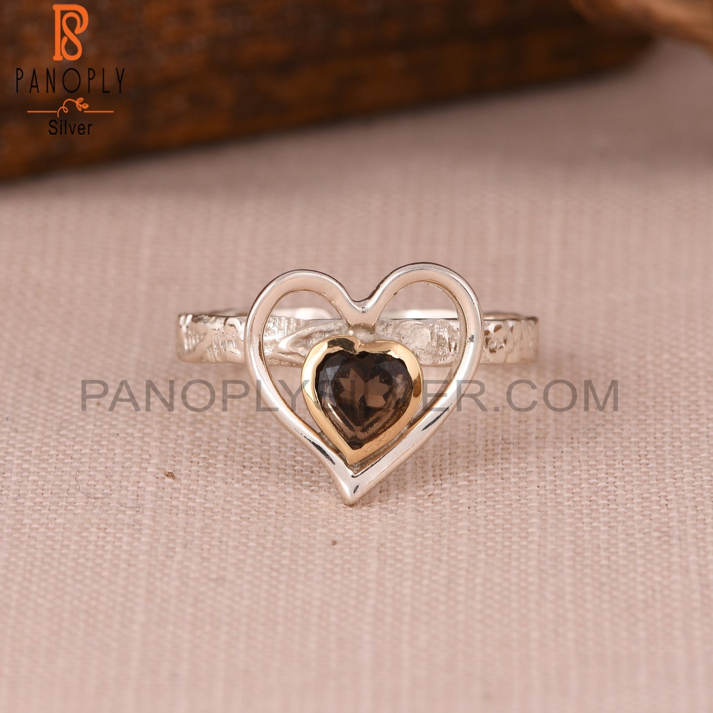 Smoky Two Tone Heart Shape 925 Sterling Silver Ring