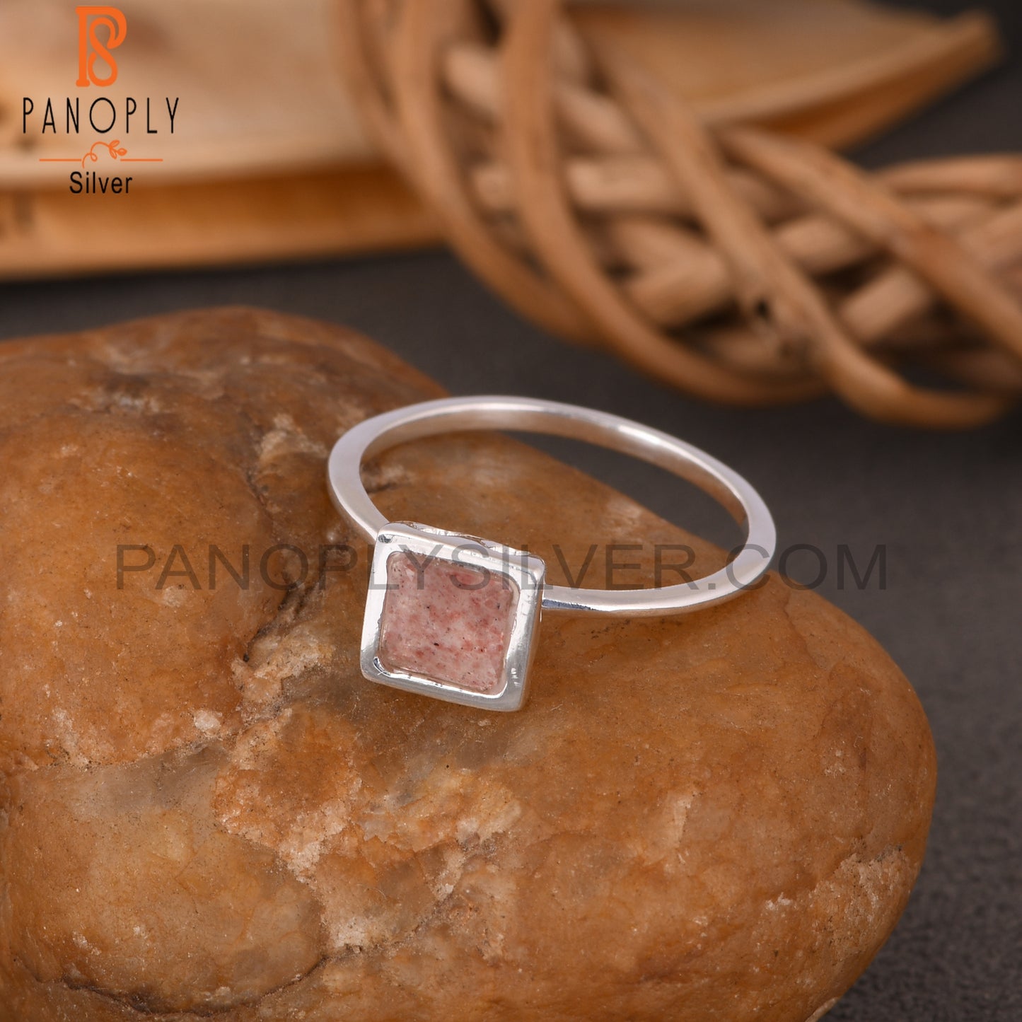 Strawberry Quartz Square 925 Sterling Silver Beautiful Ring
