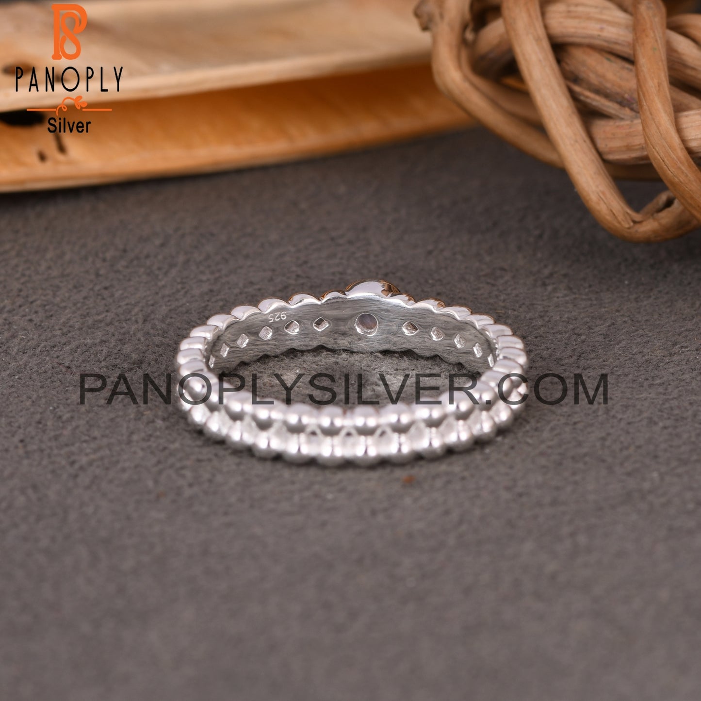 Bead Band Rainbow Moonstone Round 925 Sterling Silver Ring