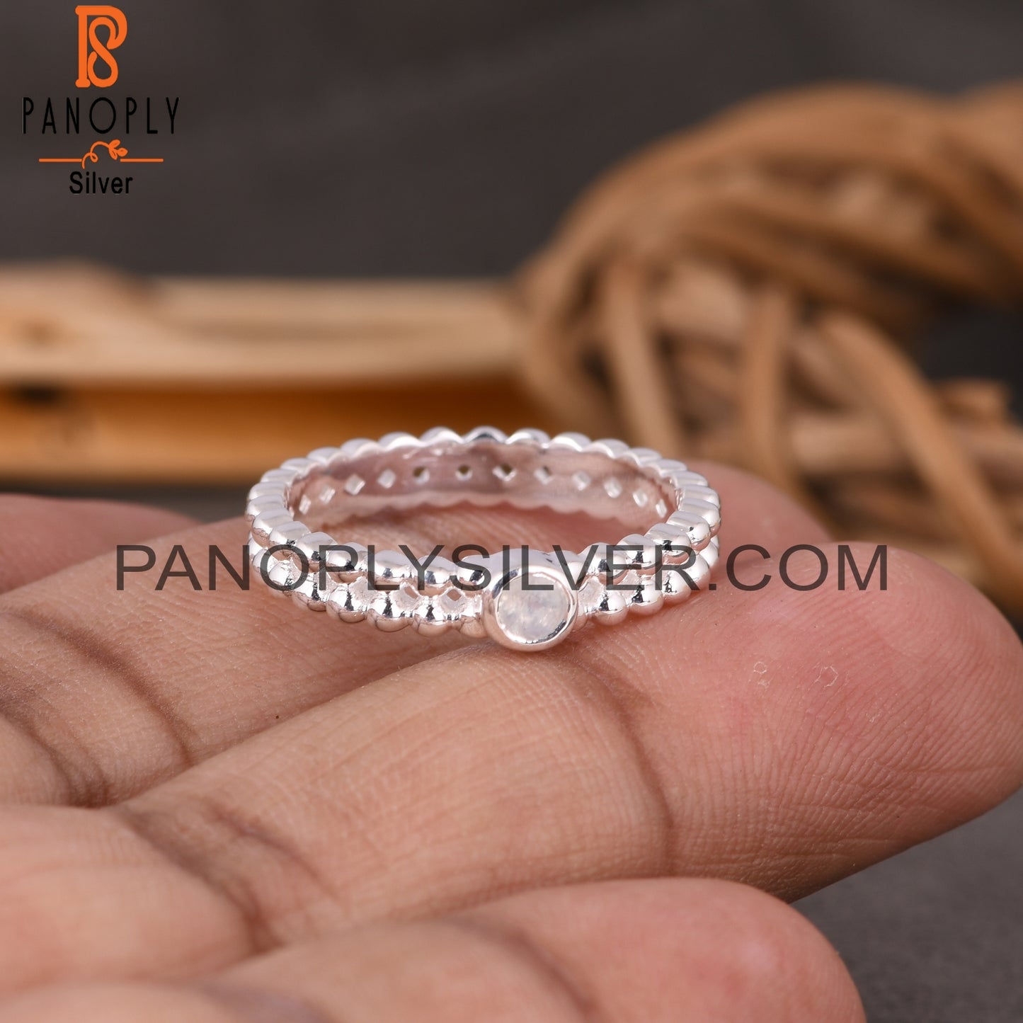 Bead Band Rainbow Moonstone Round 925 Sterling Silver Ring