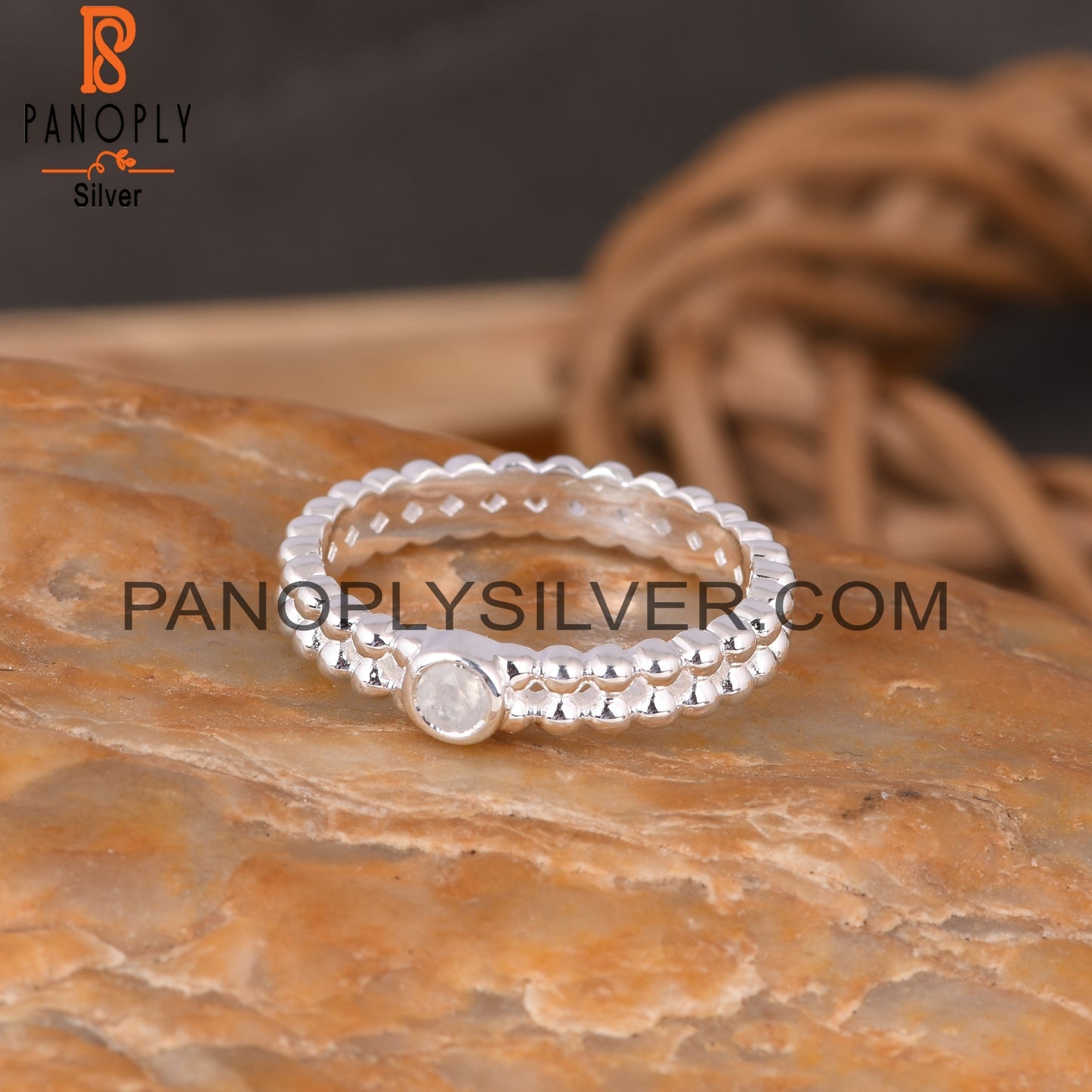 Bead Band Rainbow Moonstone Round 925 Sterling Silver Ring