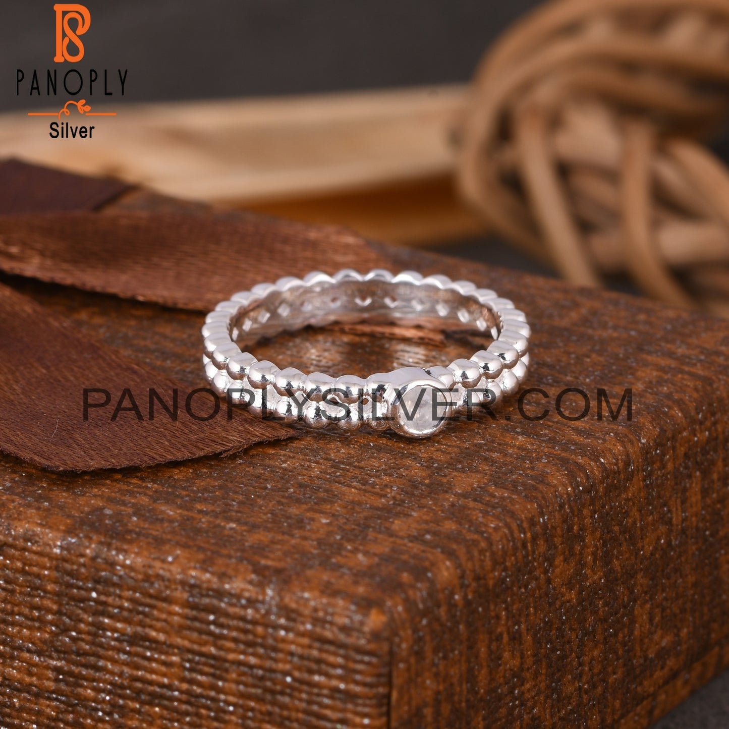 Bead Band Rainbow Moonstone Round 925 Sterling Silver Ring