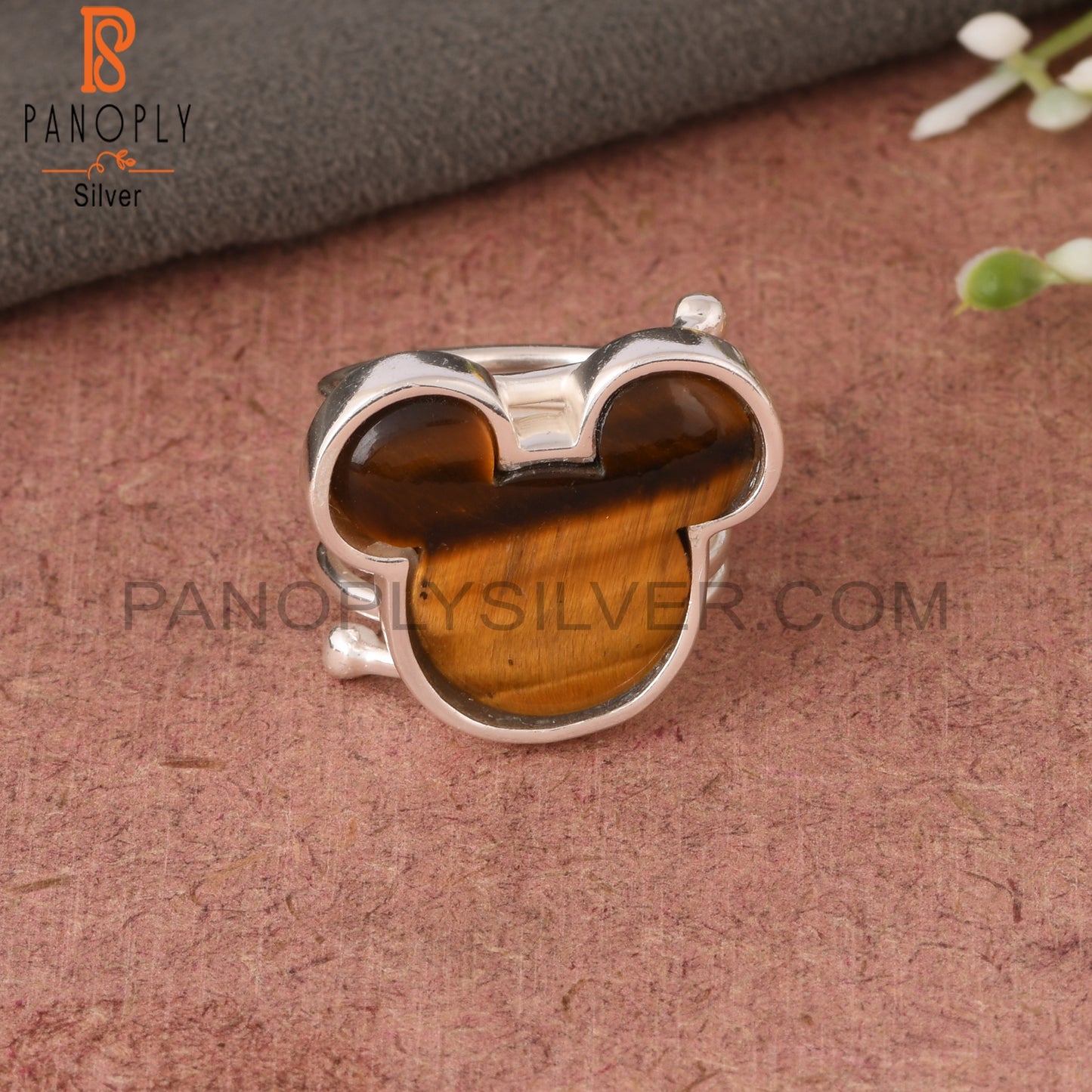 Tiger Eye Yellow Mickey Mouse Shape 925 Silver Wide Ring