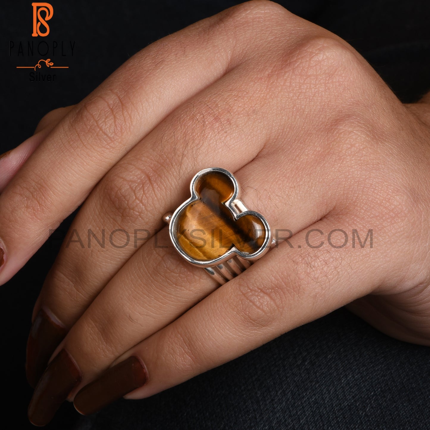 Tiger Eye Yellow Mickey Mouse Shape 925 Silver Wide Ring