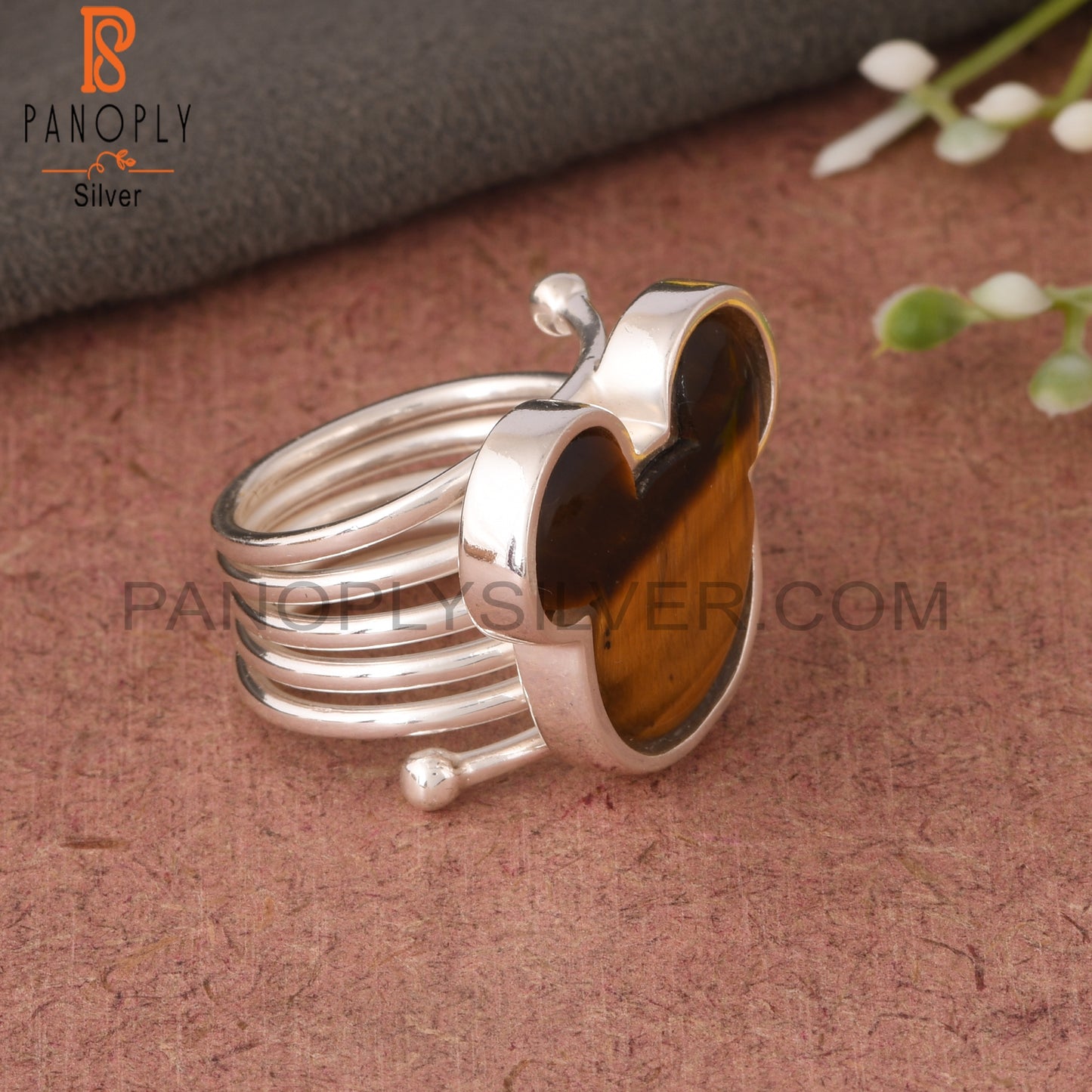 Tiger Eye Yellow Mickey Mouse Shape 925 Silver Wide Ring