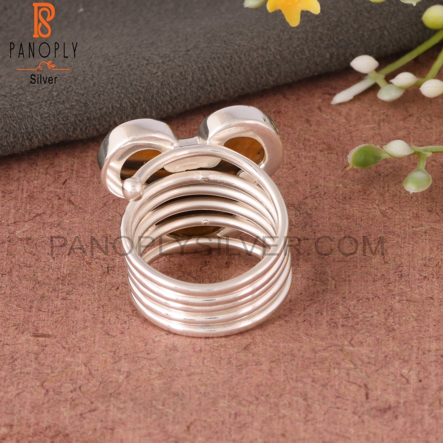 Tiger Eye Yellow Mickey Mouse Shape 925 Silver Wide Ring