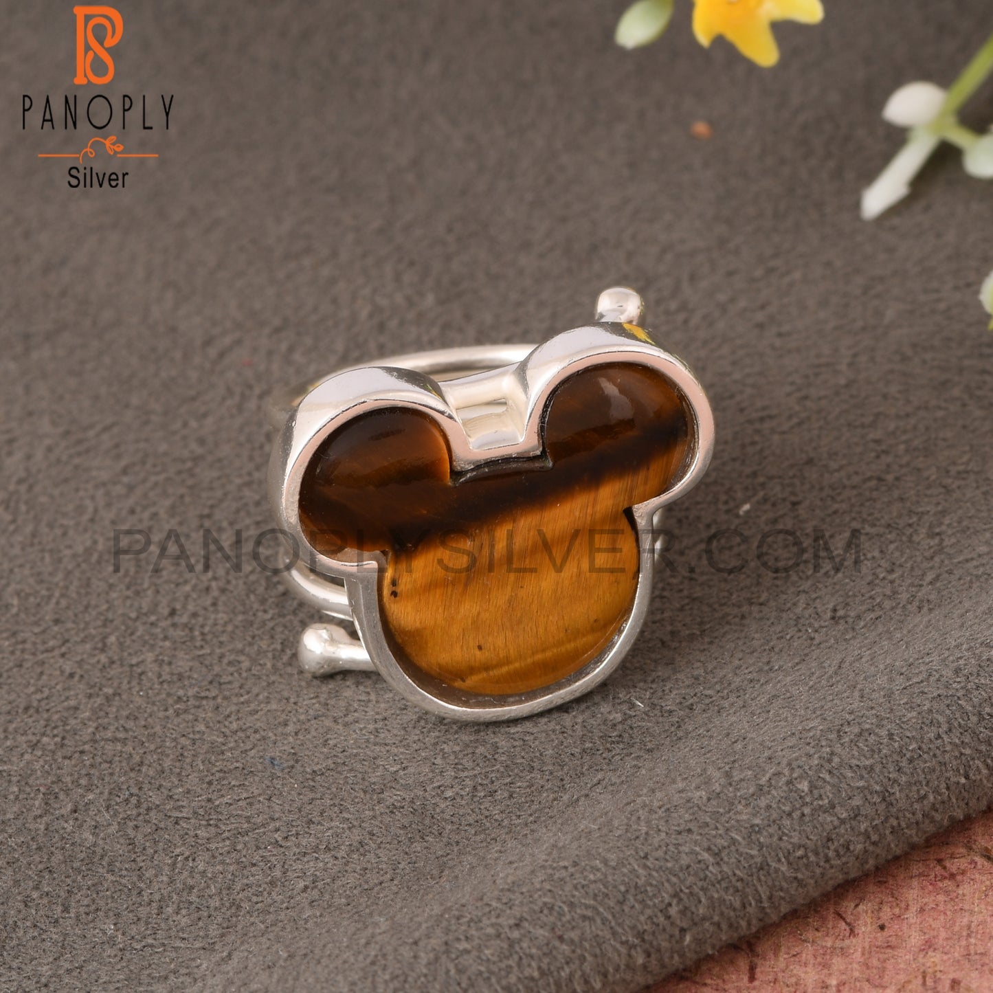 Tiger Eye Yellow Mickey Mouse Shape 925 Silver Wide Ring