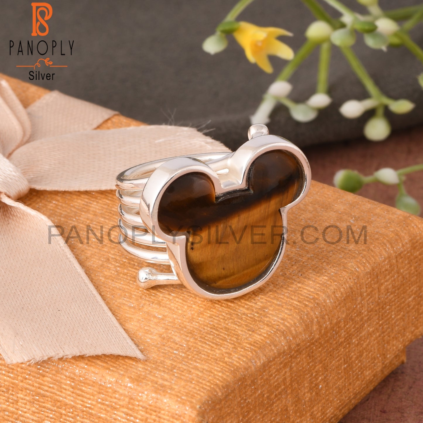 Tiger Eye Yellow Mickey Mouse Shape 925 Silver Wide Ring