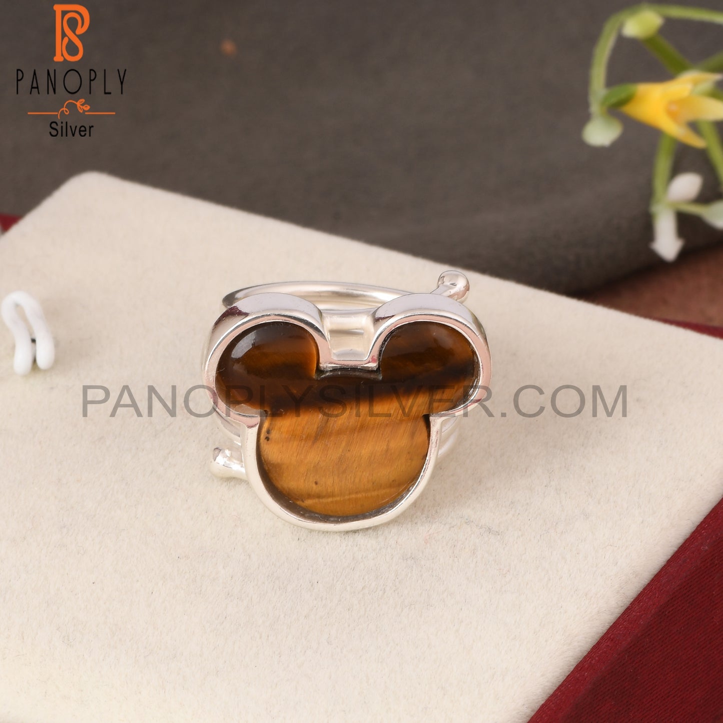 Tiger Eye Yellow Mickey Mouse Shape 925 Silver Wide Ring