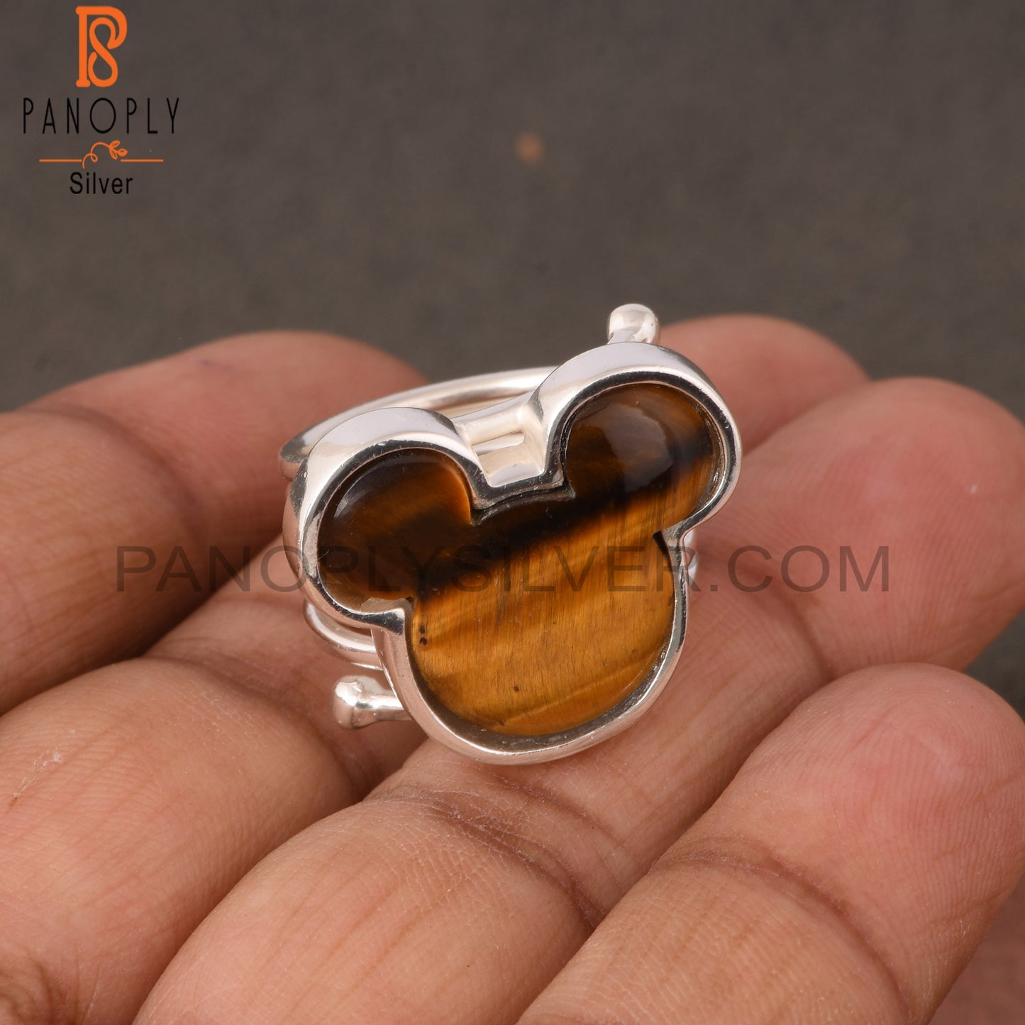 Tiger Eye Yellow Mickey Mouse Shape 925 Silver Wide Ring