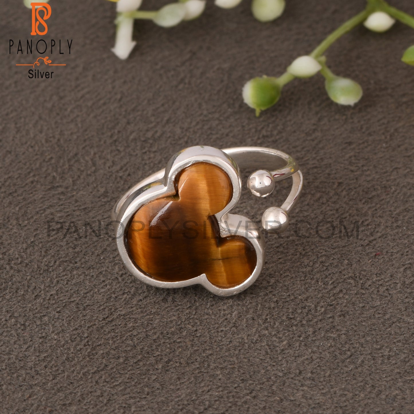 Tiger Eye Yellow Mouse Shape 925 Silver Adjustable Ring