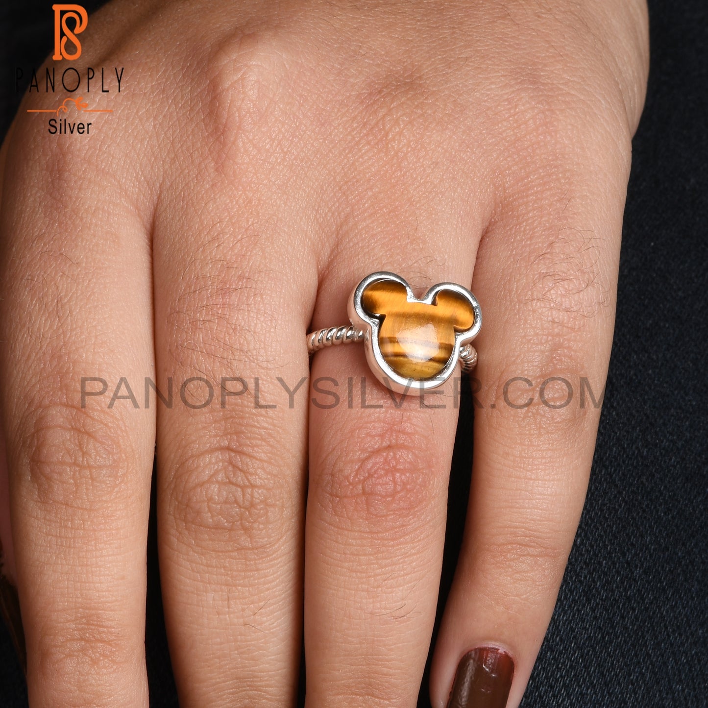 Tiger Eye Yellow Mouse Shape 925 Silver Adjustable Ring