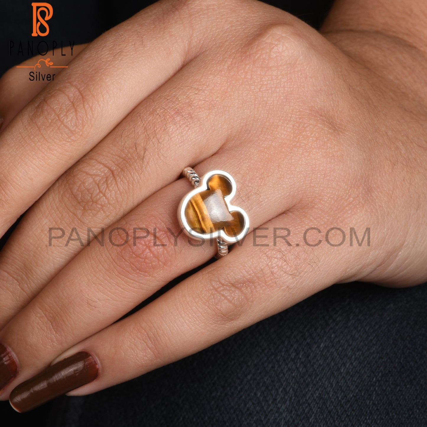 Tiger Eye Yellow Mouse Shape 925 Silver Adjustable Ring